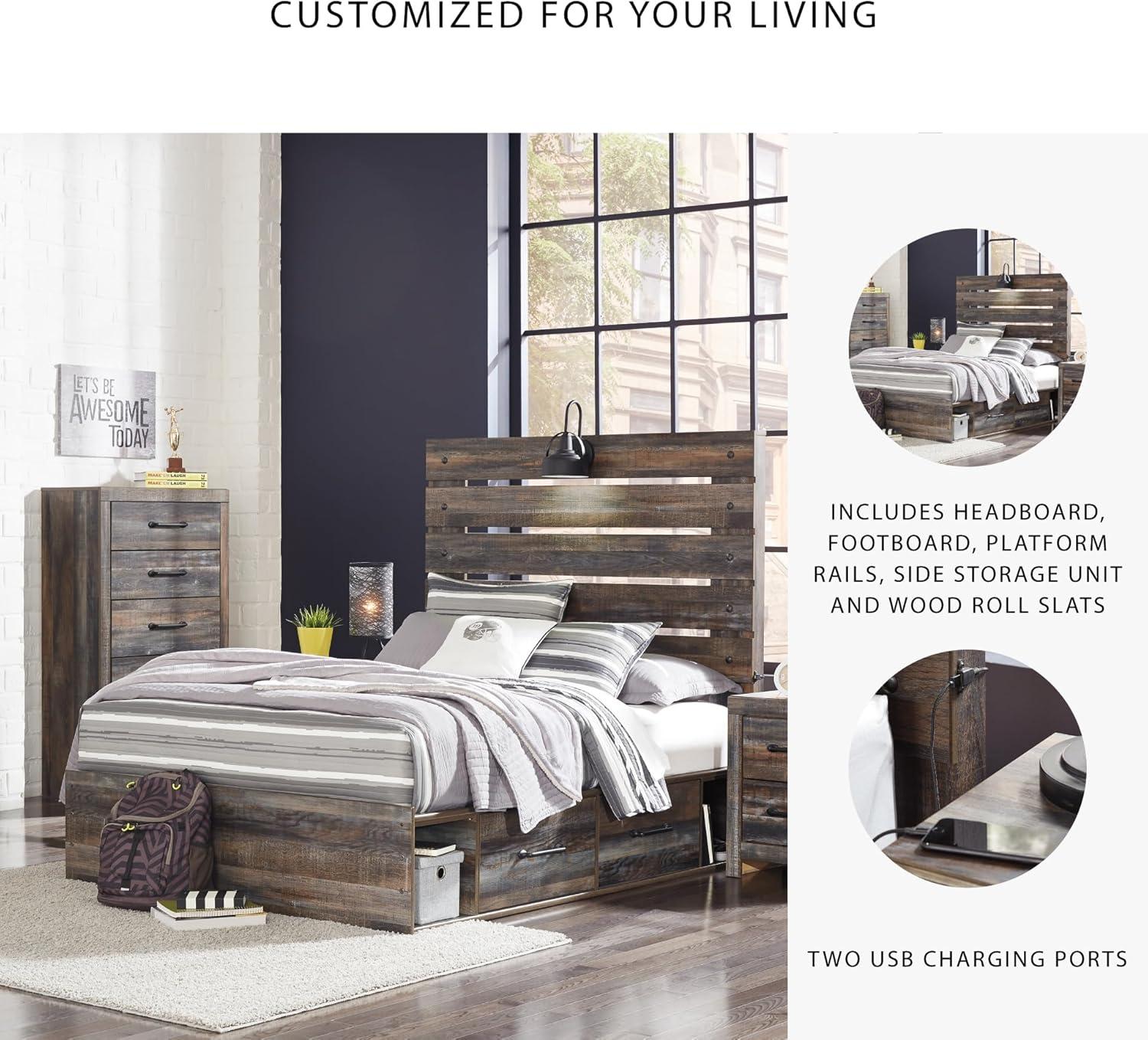 imageSignature Design by Ashley Drystan Rustic Full Bookcase Bed with 2 Storage Drawers and LED Light Foundation or Box Spring Needed Dark Brown amp GrayFull