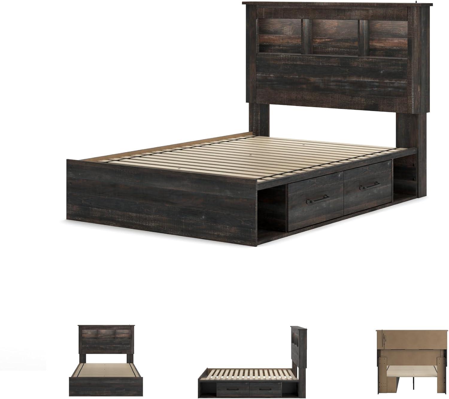 imageSignature Design by Ashley Drystan Rustic Full Bookcase Bed with 2 Storage Drawers and LED Light Foundation or Box Spring Needed Dark Brown amp GrayFull
