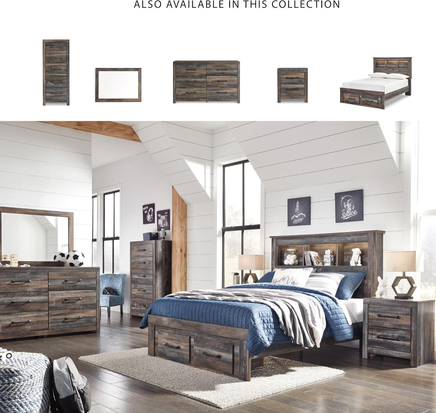 imageSignature Design by Ashley Drystan Rustic Full Bookcase Bed with 2 Storage Drawers and LED Light Foundation or Box Spring Needed Dark Brown amp GrayFull