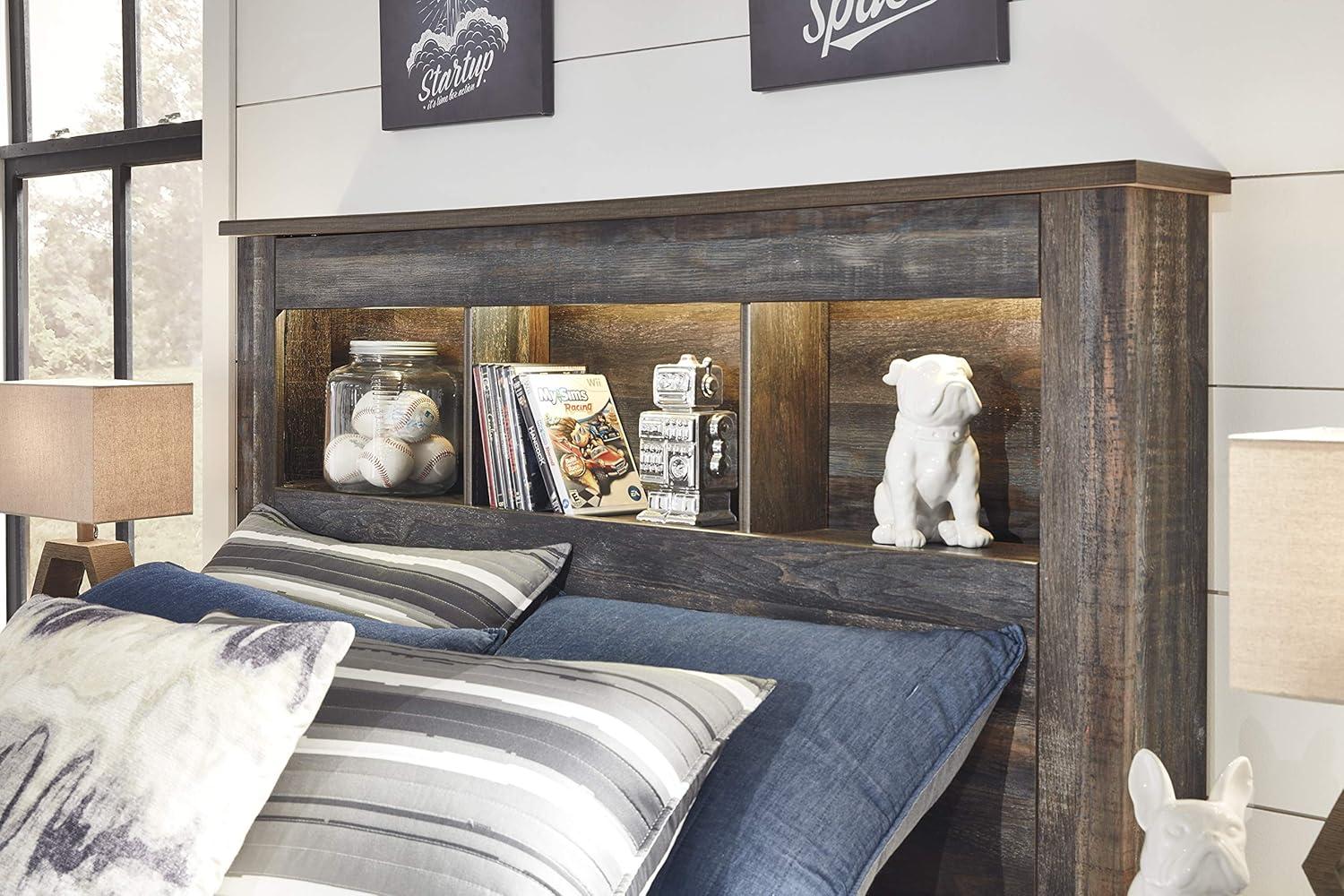 imageSignature Design by Ashley Drystan Rustic Full Bookcase Bed with 2 Storage Drawers and LED Light Foundation or Box Spring Needed Dark Brown amp GrayFull