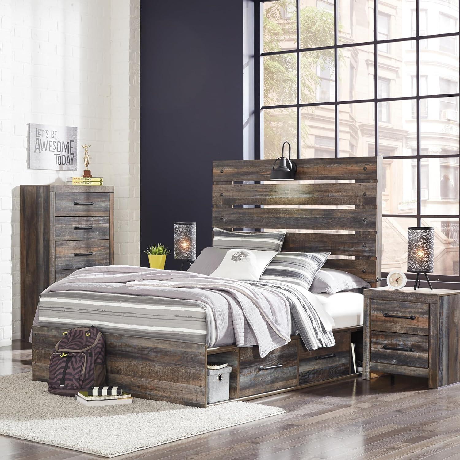 imageSignature Design by Ashley Drystan Rustic Full Bookcase Bed with 2 Storage Drawers and LED Light Foundation or Box Spring Needed Dark Brown amp GrayFull