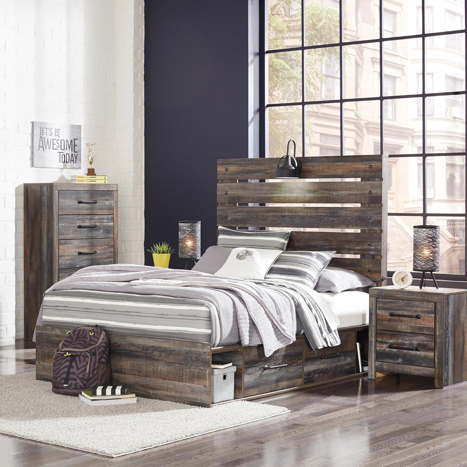 imageSignature Design by Ashley Drystan Rustic Full Bookcase Bed with 2 Storage Drawers and LED Light Foundation or Box Spring Needed Dark Brown amp GrayFull