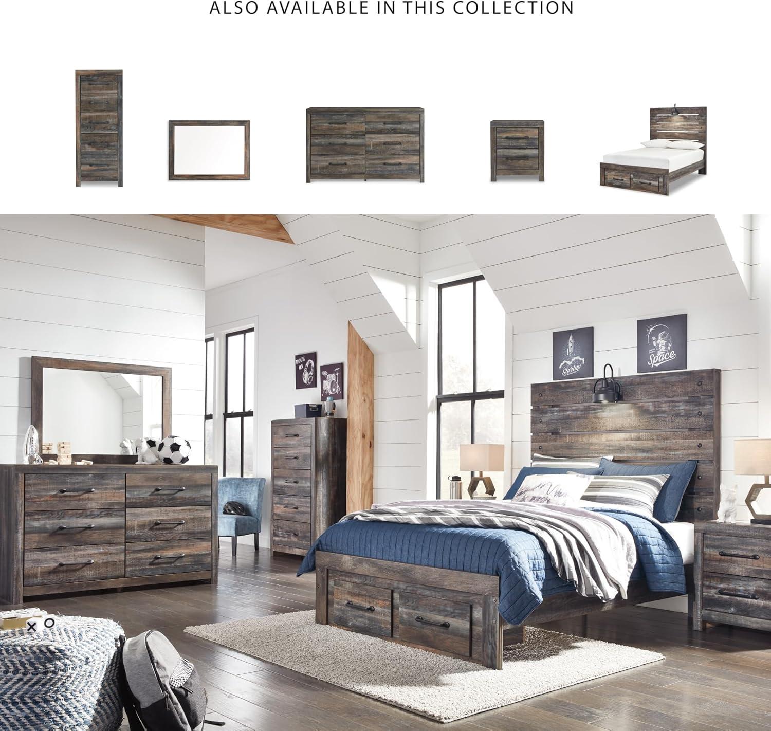 imageSignature Design by Ashley Drystan Rustic Full Bookcase Bed with 2 Storage Drawers and LED Light Foundation or Box Spring Needed Dark Brown amp GrayFull