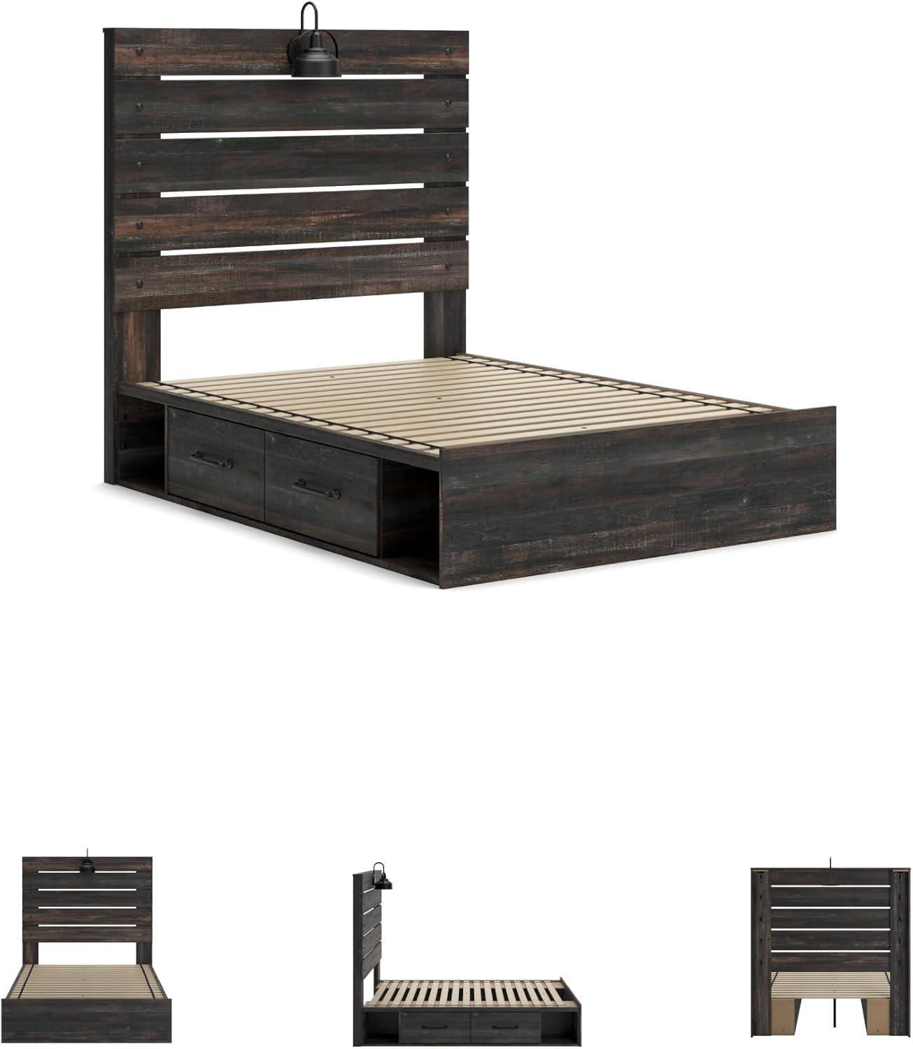 imageSignature Design by Ashley Drystan Rustic Full Bookcase Bed with 2 Storage Drawers and LED Light Foundation or Box Spring Needed Dark Brown amp GrayFull