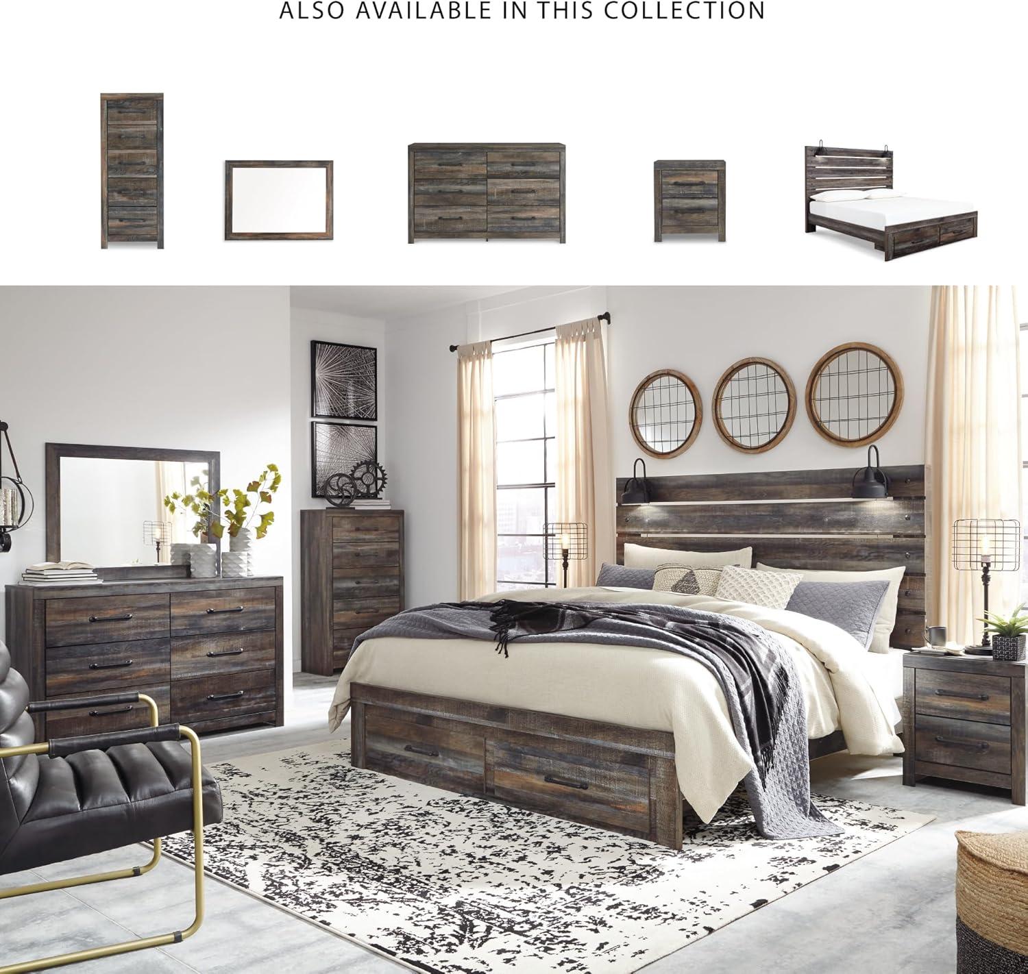 imageSignature Design by Ashley Drystan Rustic Full Bookcase Bed with 2 Storage Drawers and LED Light Foundation or Box Spring Needed Dark Brown amp GrayKing