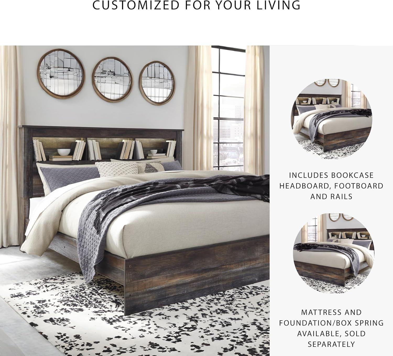 imageSignature Design by Ashley Drystan Rustic Full Bookcase Bed with 2 Storage Drawers and LED Light Foundation or Box Spring Needed Dark Brown amp GrayKing
