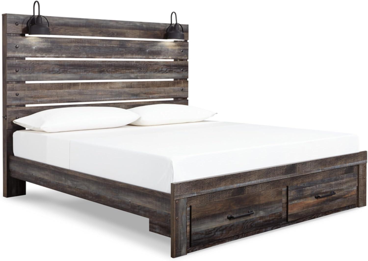 imageSignature Design by Ashley Drystan Rustic Full Bookcase Bed with 2 Storage Drawers and LED Light Foundation or Box Spring Needed Dark Brown amp GrayKing