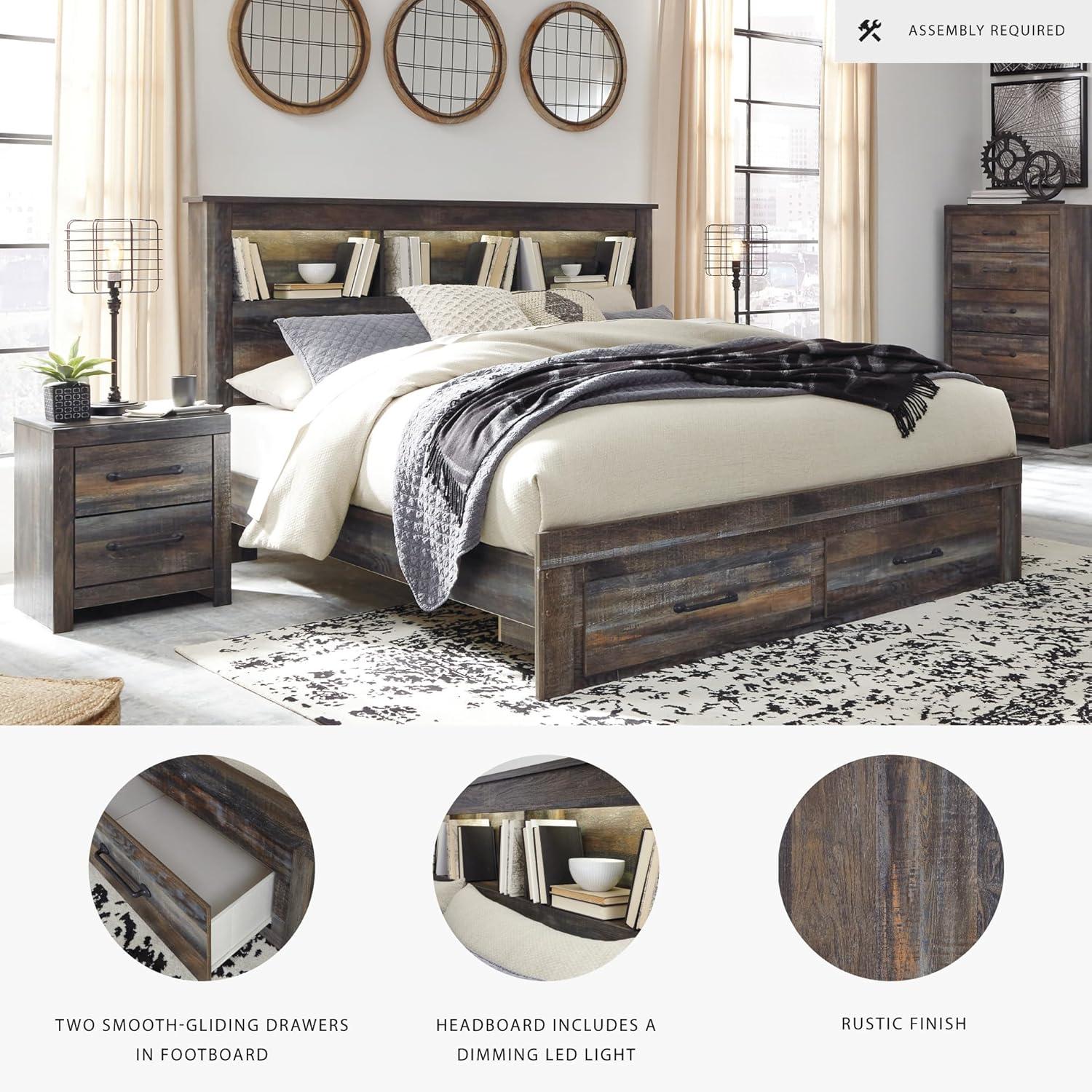 imageSignature Design by Ashley Drystan Rustic Full Bookcase Bed with 2 Storage Drawers and LED Light Foundation or Box Spring Needed Dark Brown amp GrayKing