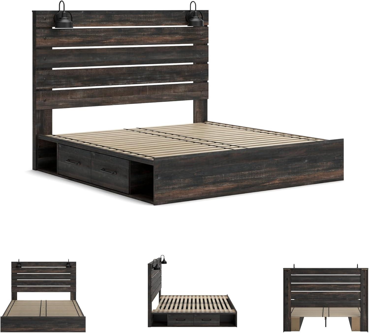 imageSignature Design by Ashley Drystan Rustic Full Bookcase Bed with 2 Storage Drawers and LED Light Foundation or Box Spring Needed Dark Brown amp GrayKing