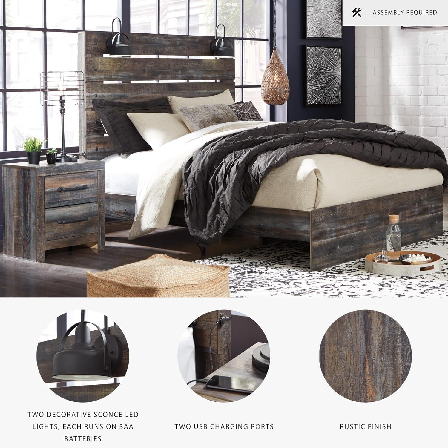 imageSignature Design by Ashley Drystan Rustic Full Bookcase Bed with 2 Storage Drawers and LED Light Foundation or Box Spring Needed Dark Brown amp GrayKing