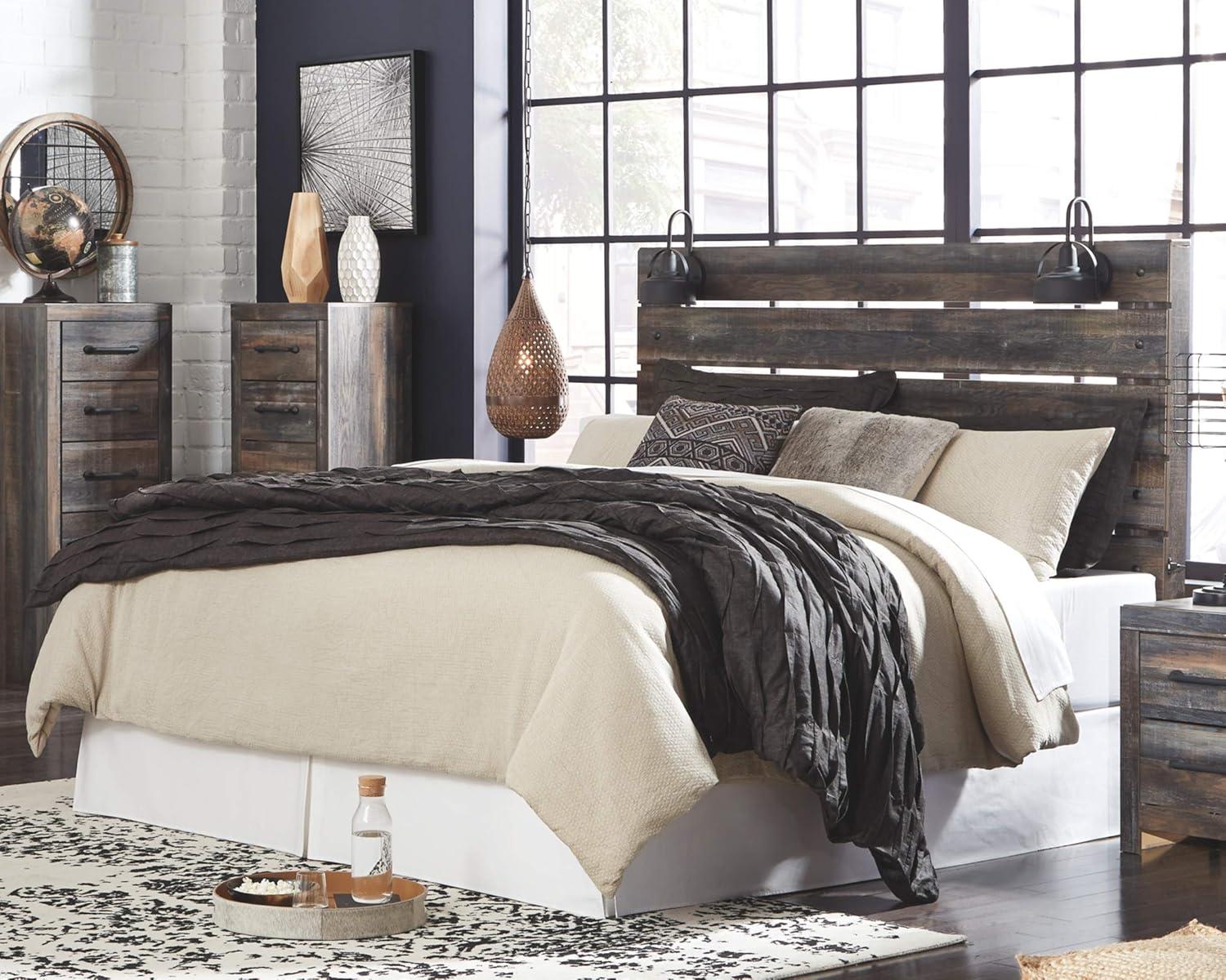 imageSignature Design by Ashley Drystan Rustic Full Bookcase Bed with 2 Storage Drawers and LED Light Foundation or Box Spring Needed Dark Brown amp GrayKing