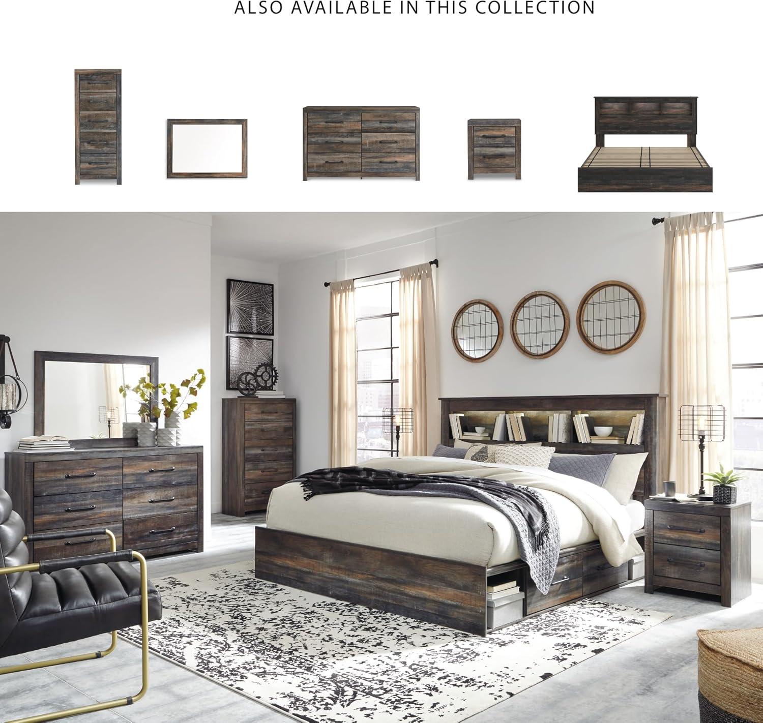 imageSignature Design by Ashley Drystan Rustic Full Bookcase Bed with 2 Storage Drawers and LED Light Foundation or Box Spring Needed Dark Brown amp GrayKing