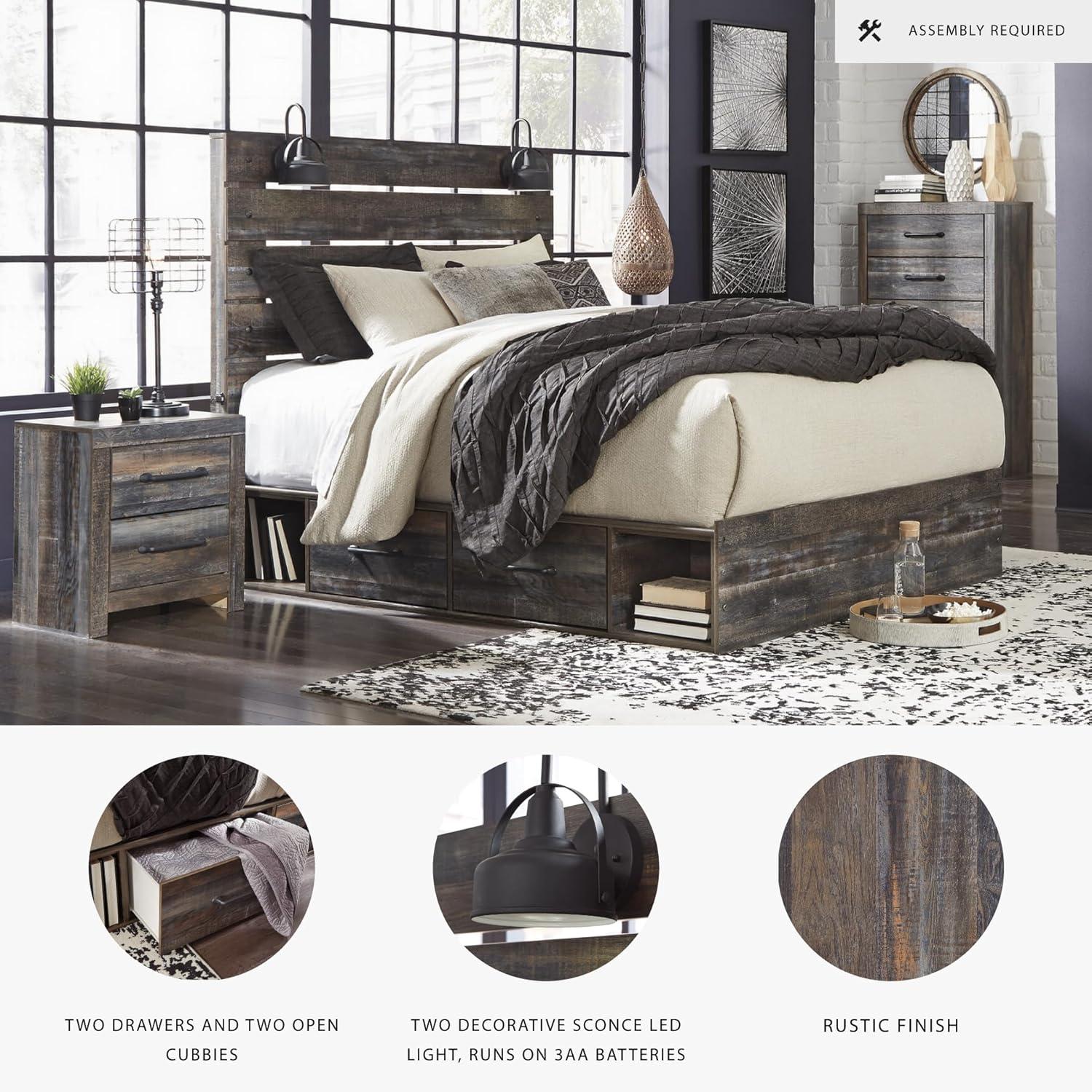imageSignature Design by Ashley Drystan Rustic Full Bookcase Bed with 2 Storage Drawers and LED Light Foundation or Box Spring Needed Dark Brown amp GrayKing