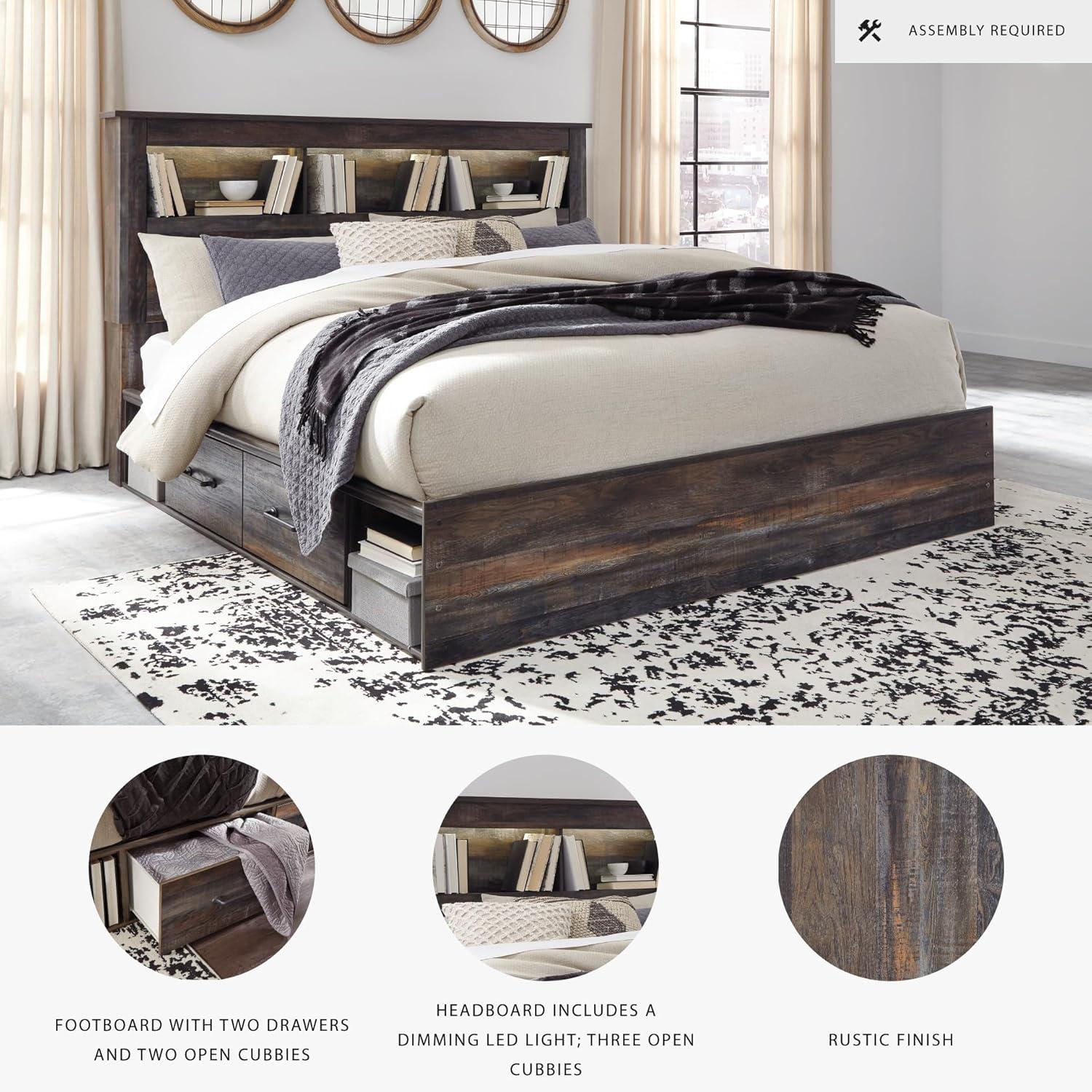 imageSignature Design by Ashley Drystan Rustic Full Bookcase Bed with 2 Storage Drawers and LED Light Foundation or Box Spring Needed Dark Brown amp GrayKing