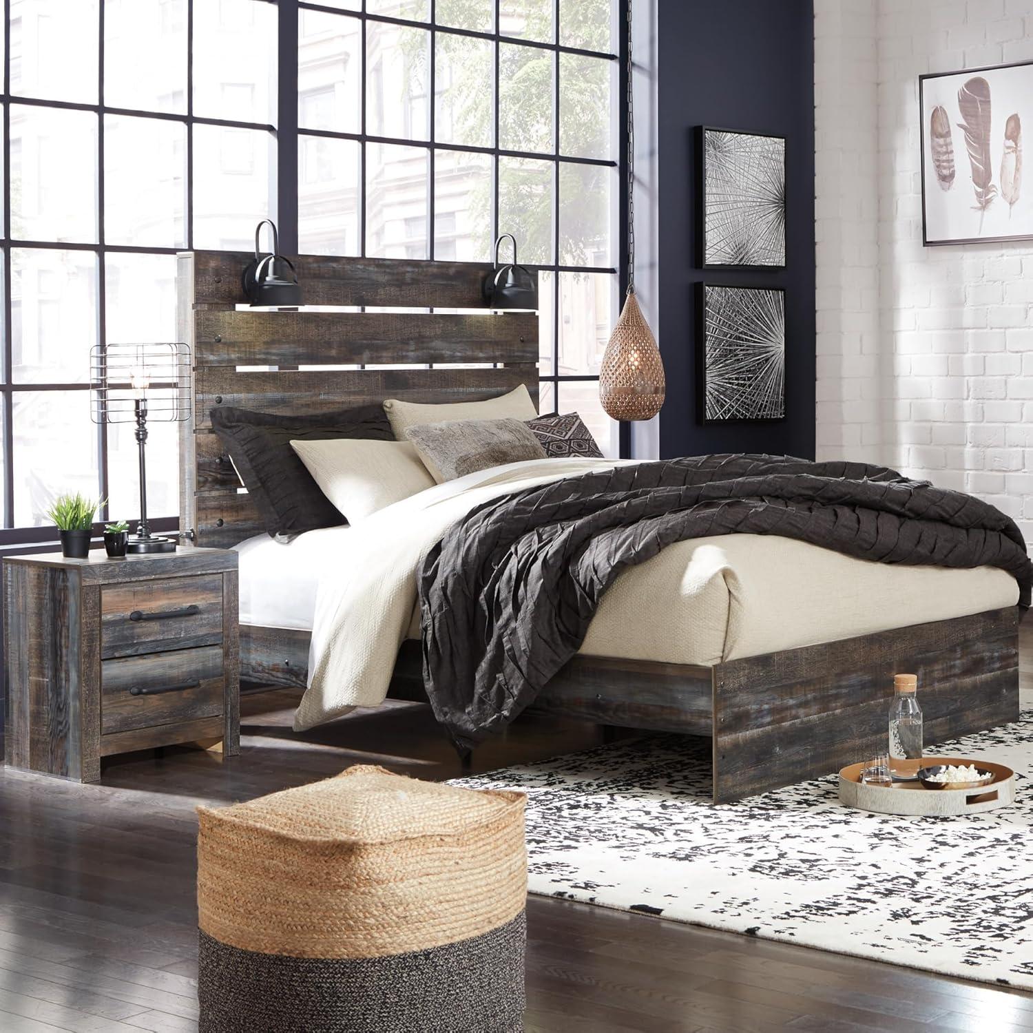 imageSignature Design by Ashley Drystan Rustic Full Bookcase Bed with 2 Storage Drawers and LED Light Foundation or Box Spring Needed Dark Brown amp GrayKing