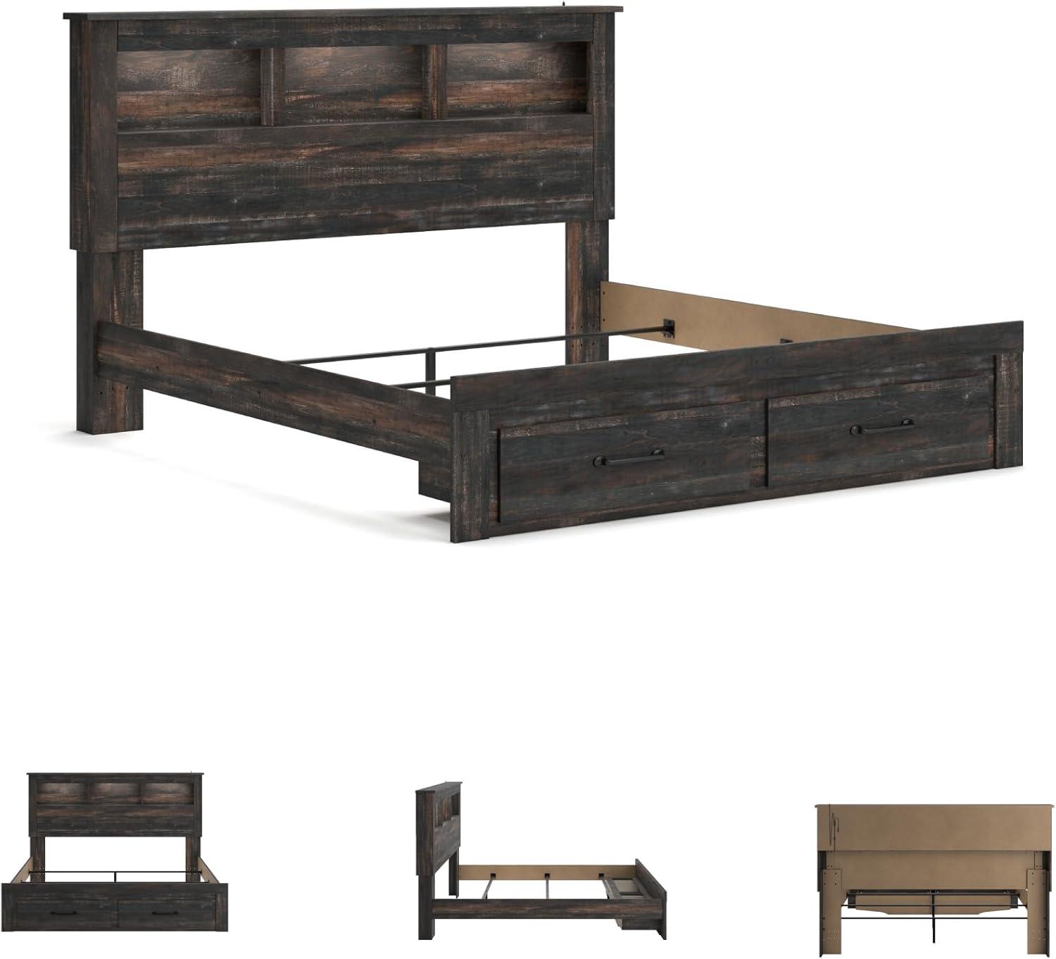 imageSignature Design by Ashley Drystan Rustic Full Bookcase Bed with 2 Storage Drawers and LED Light Foundation or Box Spring Needed Dark Brown amp GrayKing