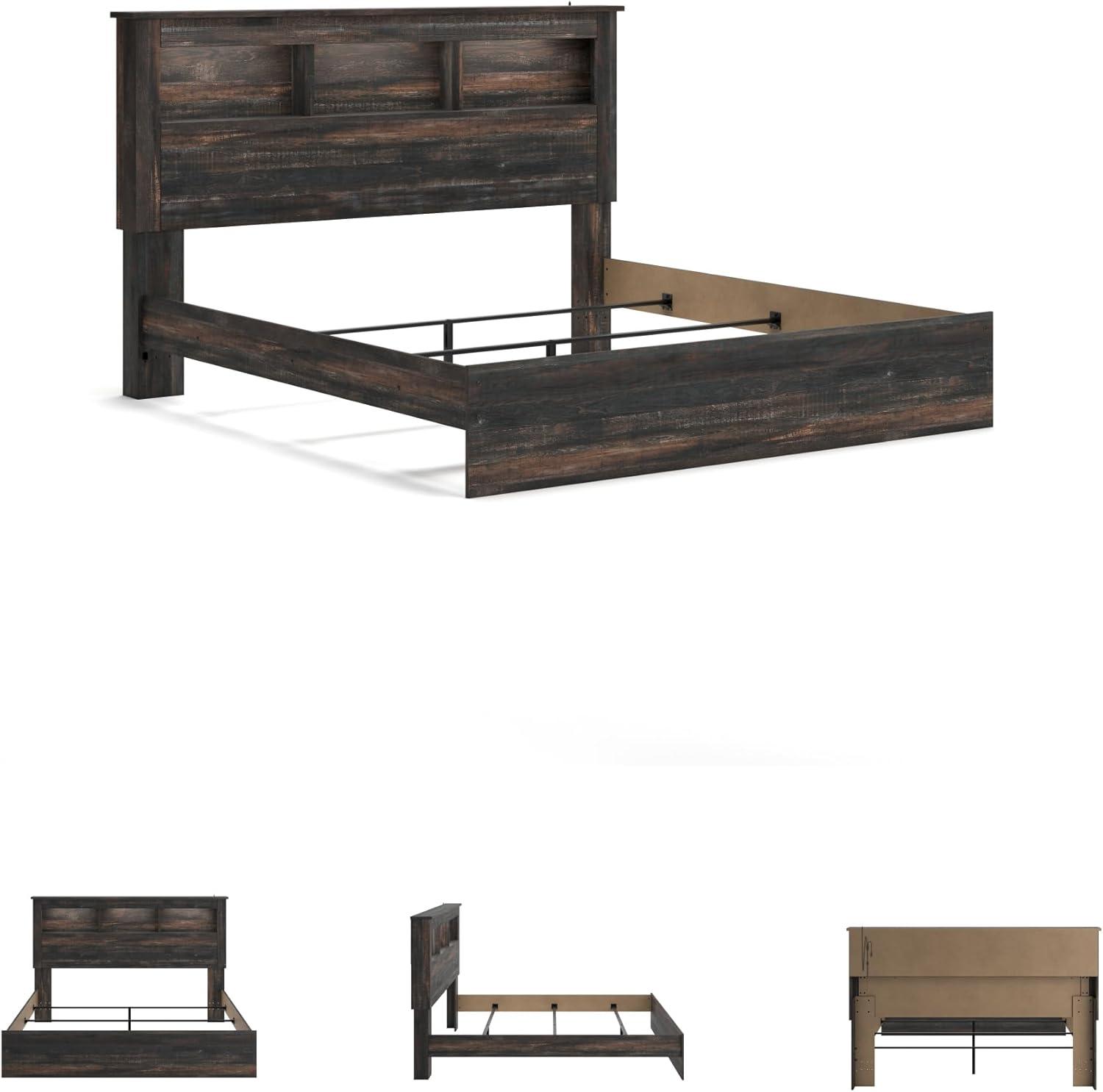 imageSignature Design by Ashley Drystan Rustic Full Bookcase Bed with 2 Storage Drawers and LED Light Foundation or Box Spring Needed Dark Brown amp GrayKing