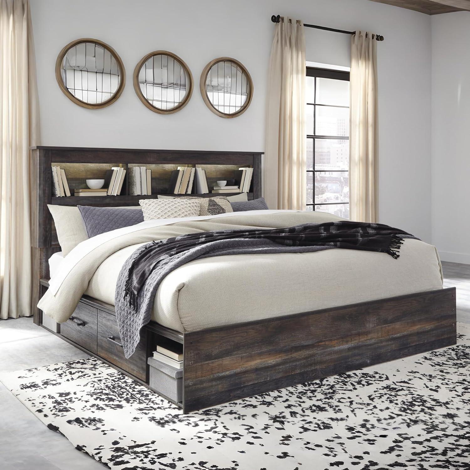 imageSignature Design by Ashley Drystan Rustic Full Bookcase Bed with 2 Storage Drawers and LED Light Foundation or Box Spring Needed Dark Brown amp GrayKing
