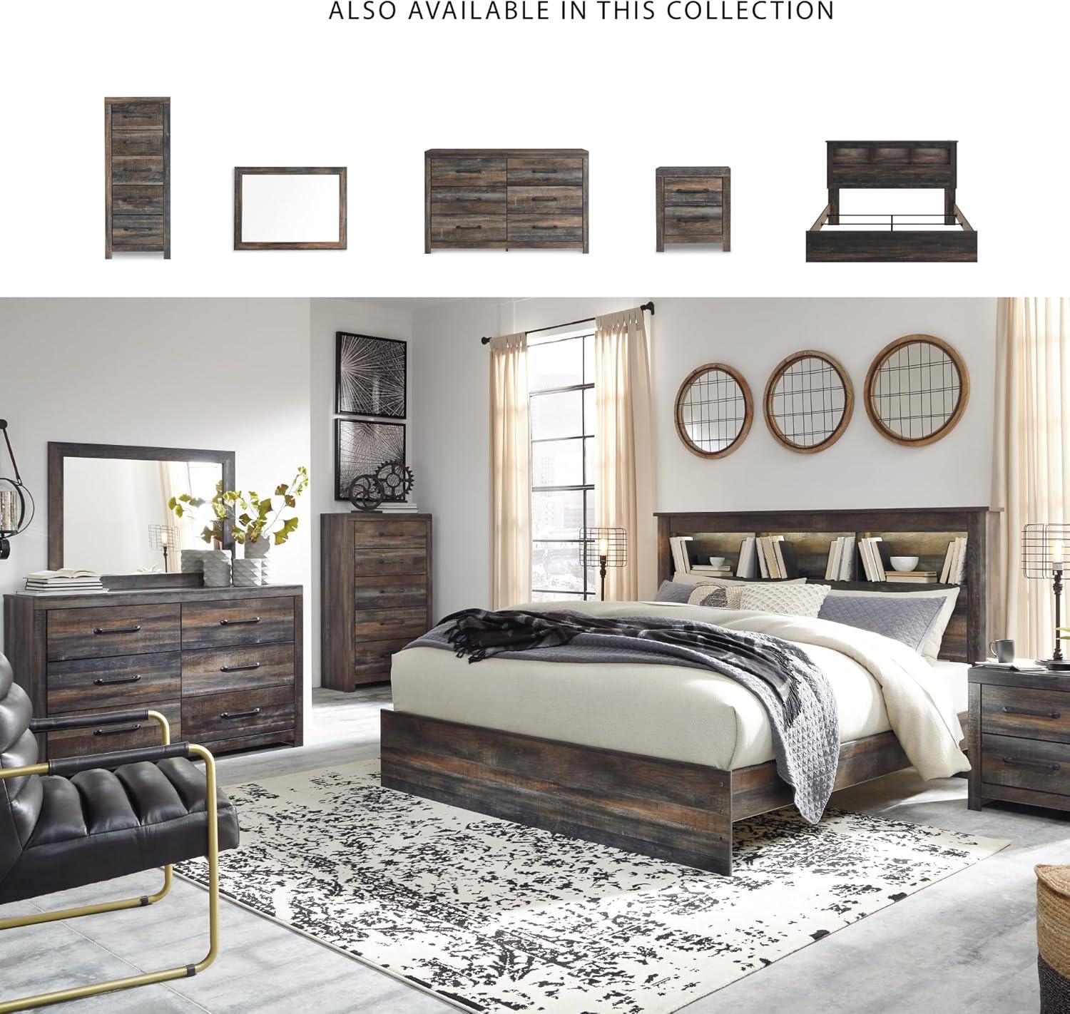 imageSignature Design by Ashley Drystan Rustic Full Bookcase Bed with 2 Storage Drawers and LED Light Foundation or Box Spring Needed Dark Brown amp GrayKing