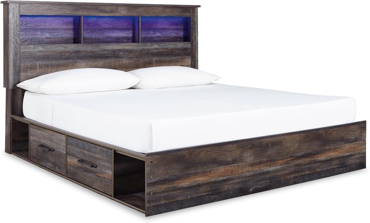 imageSignature Design by Ashley Drystan Rustic Full Bookcase Bed with 2 Storage Drawers and LED Light Foundation or Box Spring Needed Dark Brown amp GrayKing