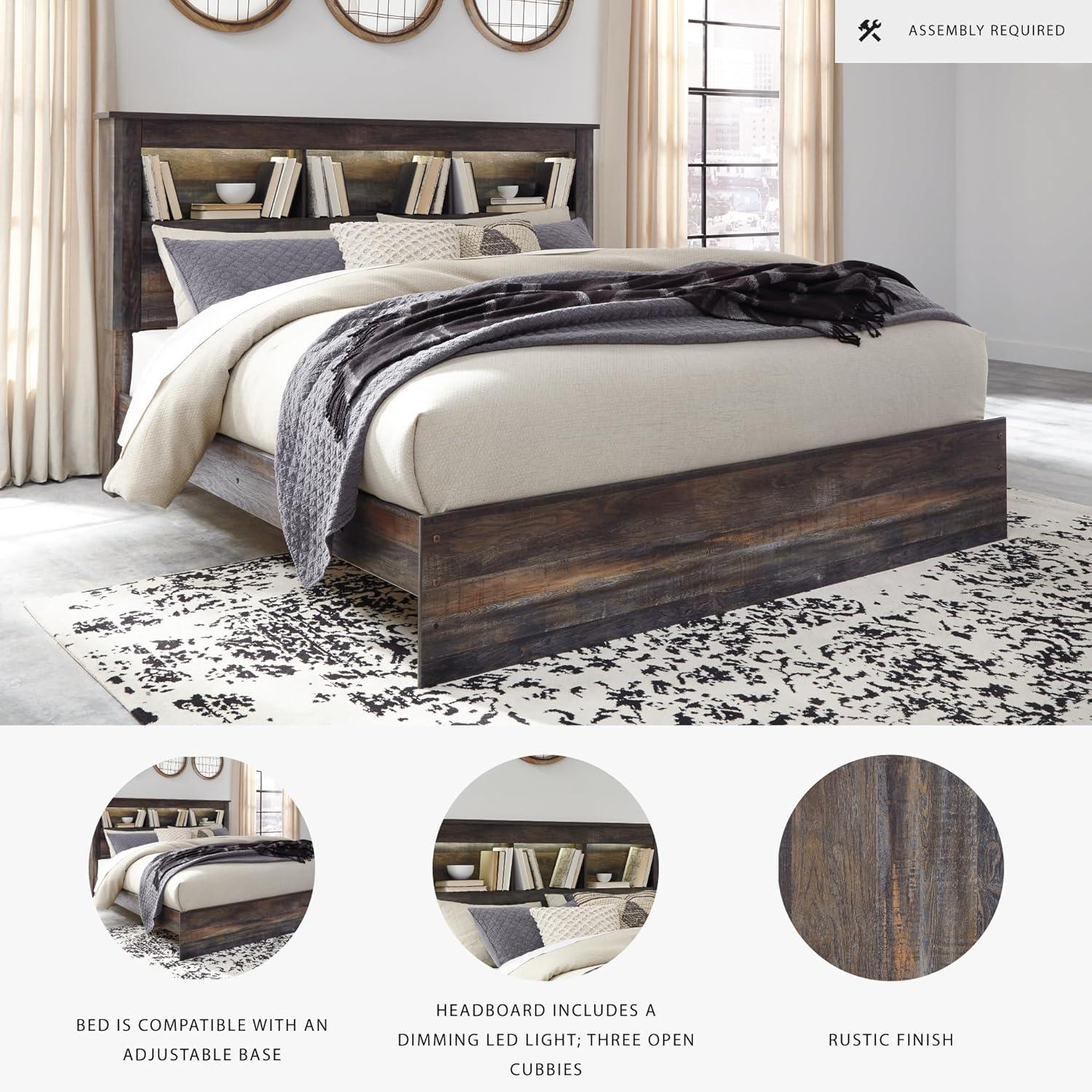imageSignature Design by Ashley Drystan Rustic Full Bookcase Bed with 2 Storage Drawers and LED Light Foundation or Box Spring Needed Dark Brown amp GrayKing