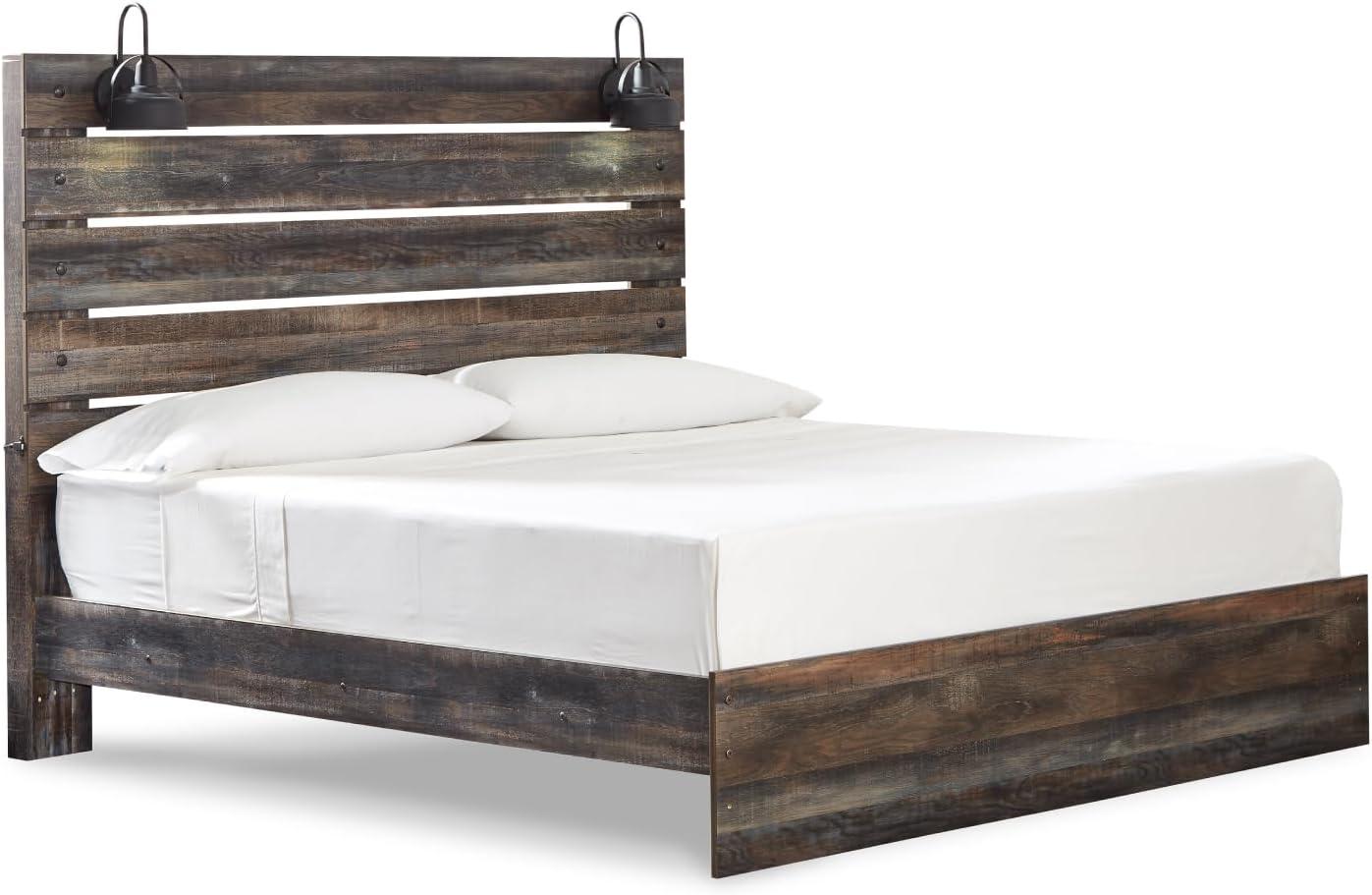 imageSignature Design by Ashley Drystan Rustic Full Bookcase Bed with 2 Storage Drawers and LED Light Foundation or Box Spring Needed Dark Brown amp GrayKing