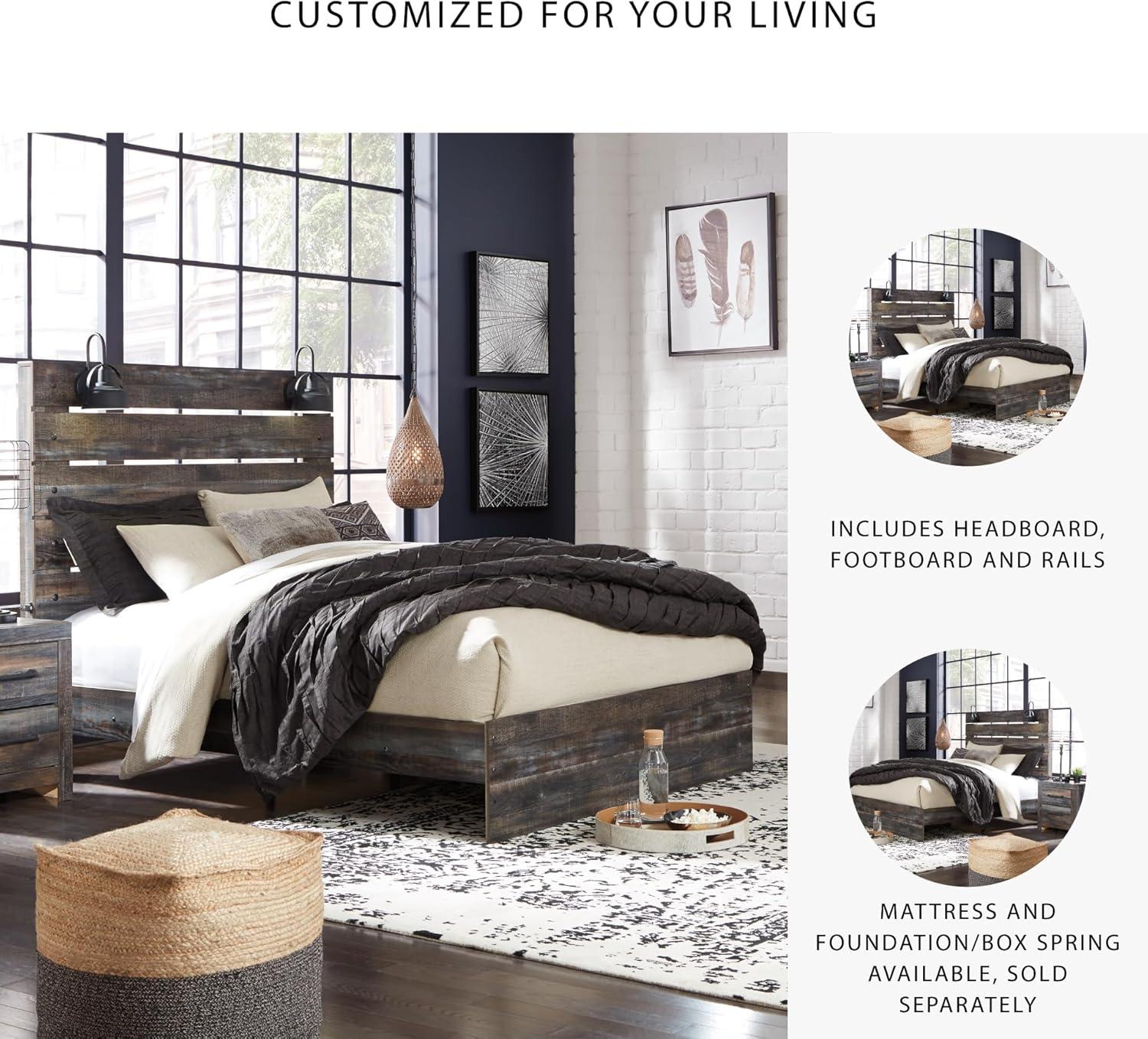 imageSignature Design by Ashley Drystan Rustic Full Bookcase Bed with 2 Storage Drawers and LED Light Foundation or Box Spring Needed Dark Brown amp GrayKing