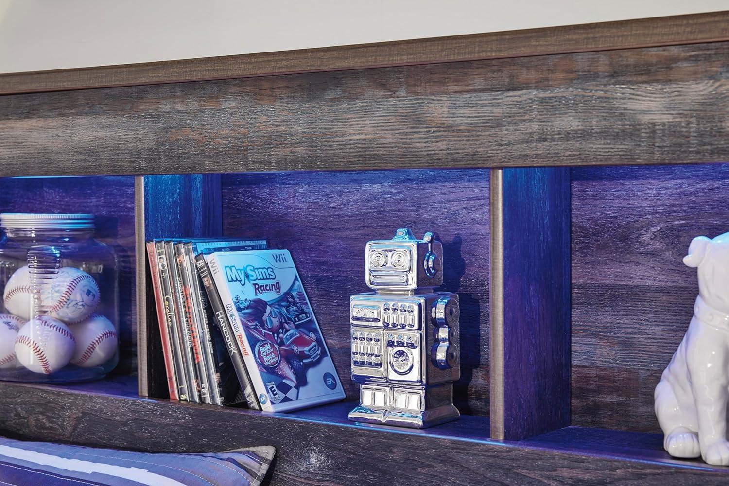 imageSignature Design by Ashley Drystan Rustic Full Bookcase Bed with 2 Storage Drawers and LED Light Foundation or Box Spring Needed Dark Brown amp GrayKing