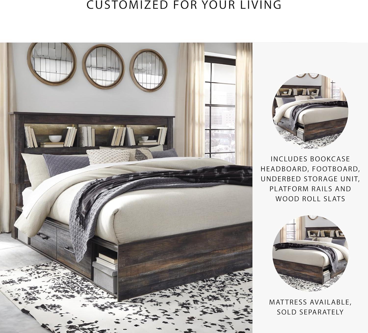 imageSignature Design by Ashley Drystan Rustic Full Bookcase Bed with 2 Storage Drawers and LED Light Foundation or Box Spring Needed Dark Brown amp GrayKing