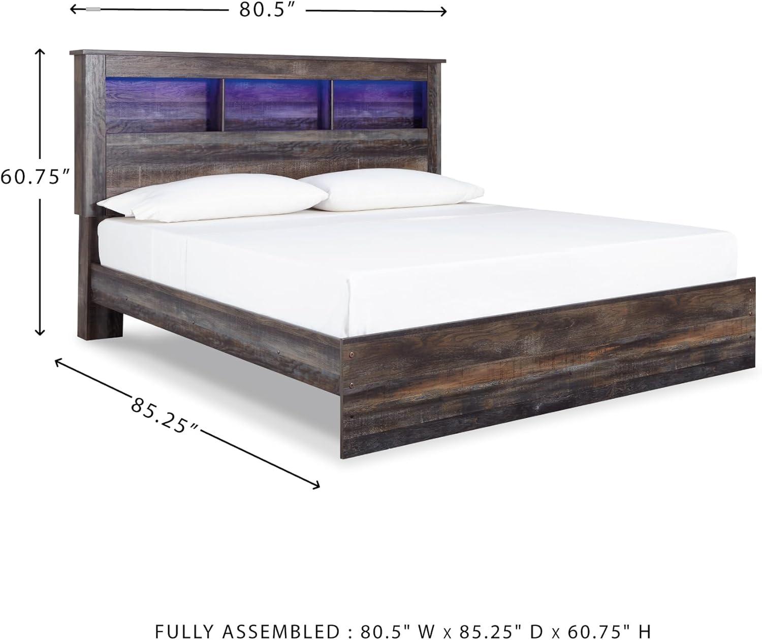 imageSignature Design by Ashley Drystan Rustic Full Bookcase Bed with 2 Storage Drawers and LED Light Foundation or Box Spring Needed Dark Brown amp GrayKing
