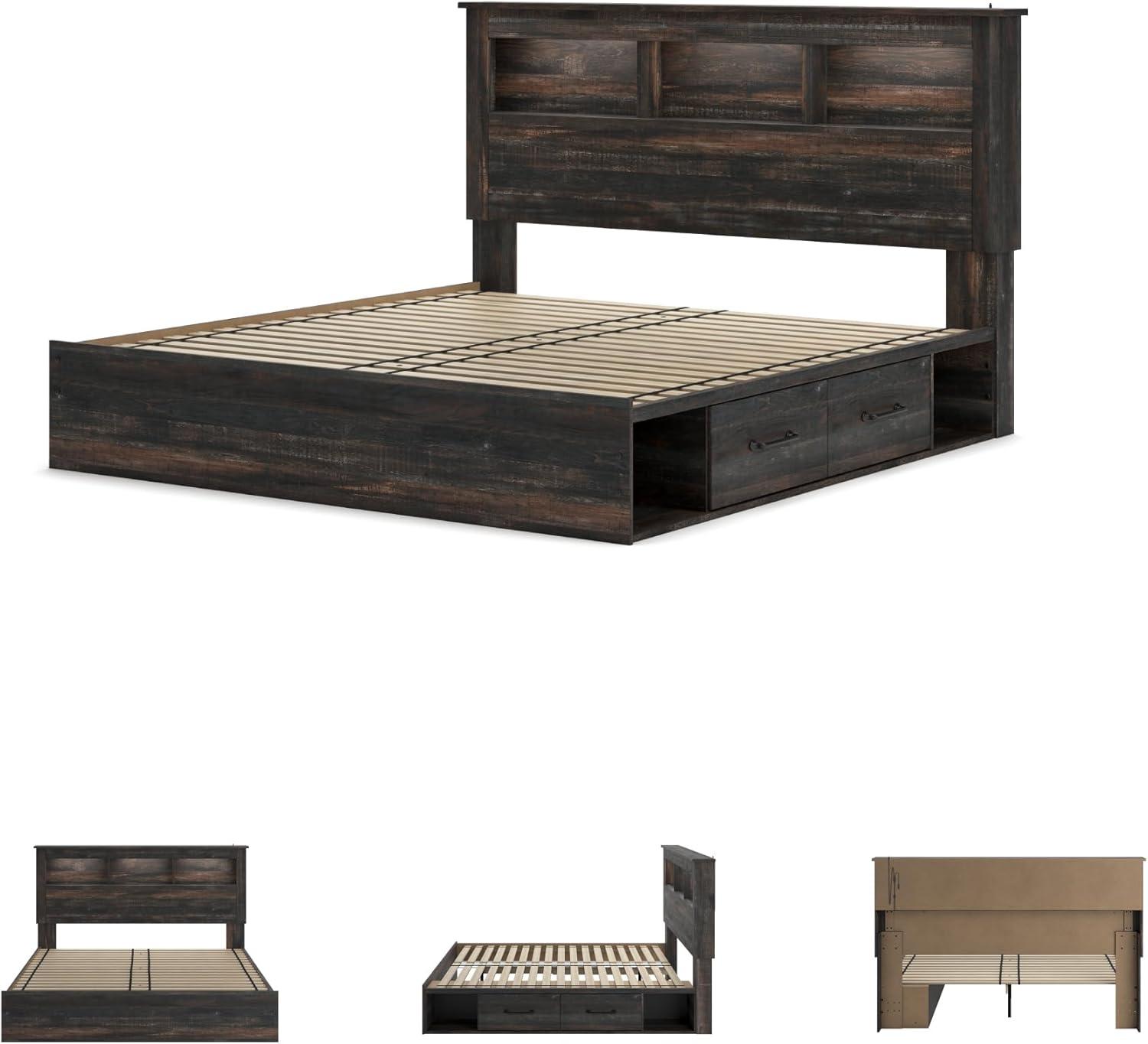 imageSignature Design by Ashley Drystan Rustic Full Bookcase Bed with 2 Storage Drawers and LED Light Foundation or Box Spring Needed Dark Brown amp GrayKing