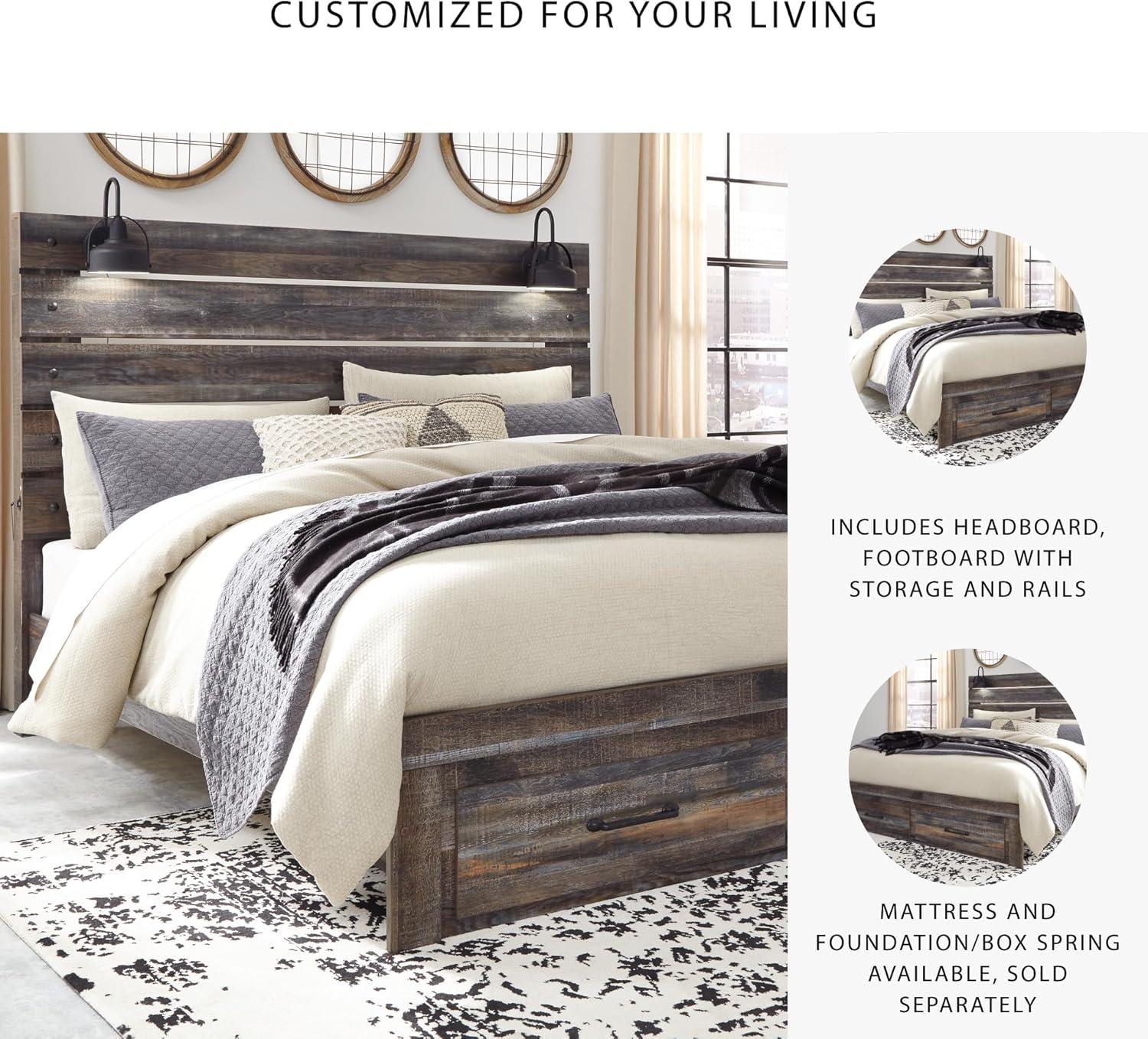 imageSignature Design by Ashley Drystan Rustic Full Bookcase Bed with 2 Storage Drawers and LED Light Foundation or Box Spring Needed Dark Brown amp GrayKing