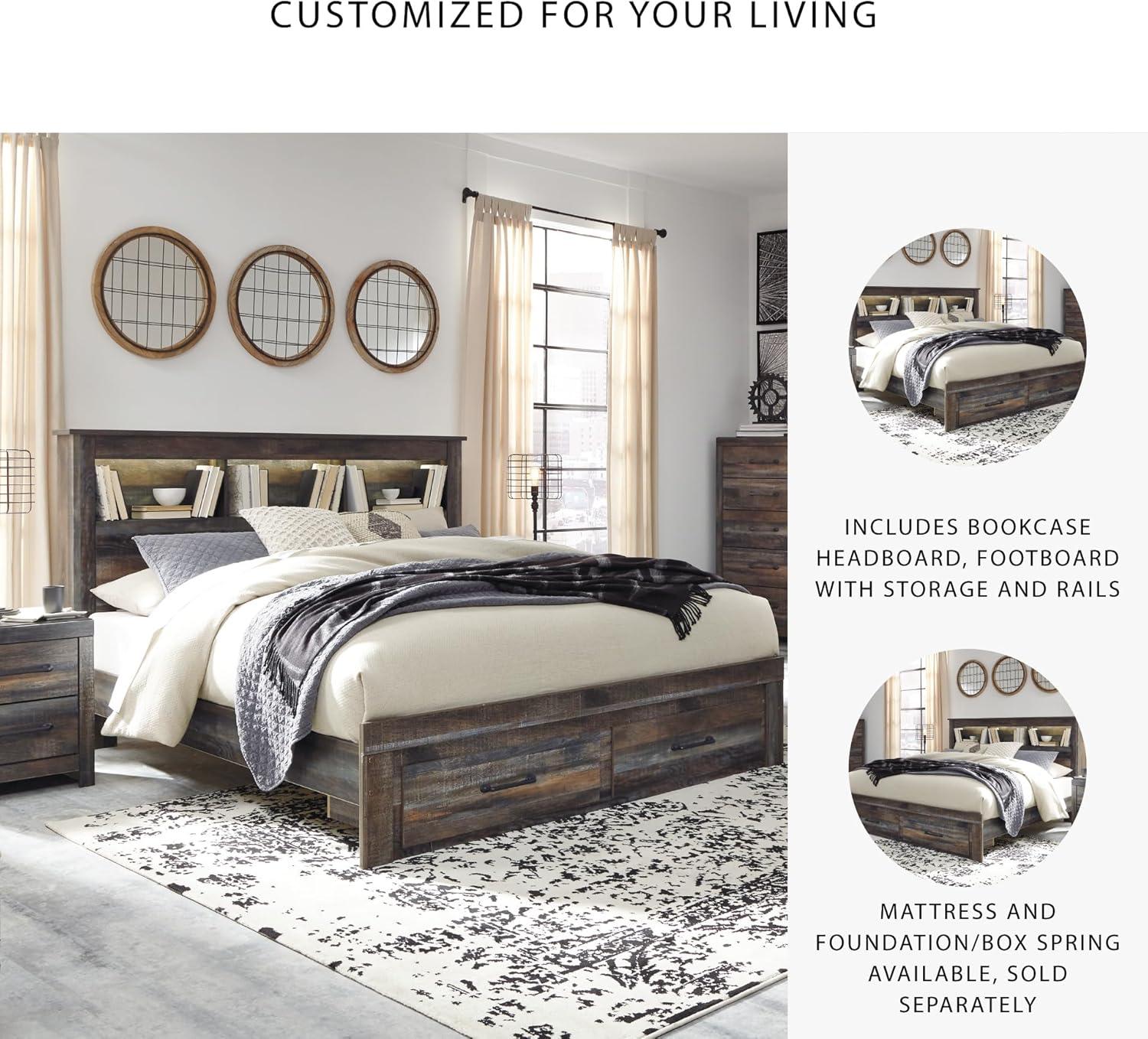 imageSignature Design by Ashley Drystan Rustic Full Bookcase Bed with 2 Storage Drawers and LED Light Foundation or Box Spring Needed Dark Brown amp GrayKing