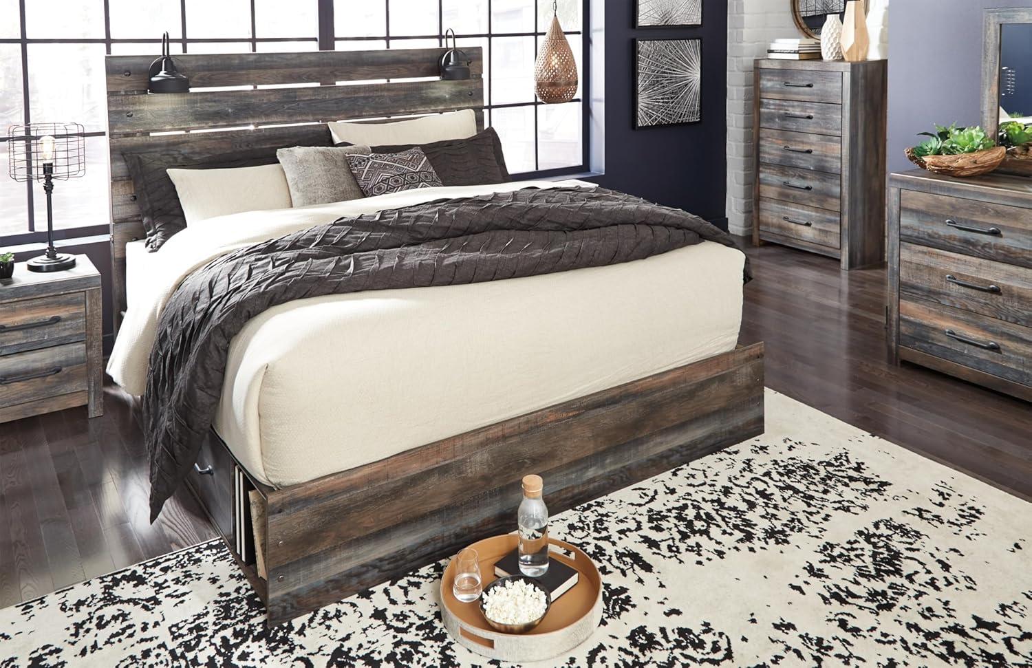 imageSignature Design by Ashley Drystan Rustic Full Bookcase Bed with 2 Storage Drawers and LED Light Foundation or Box Spring Needed Dark Brown amp GrayKing