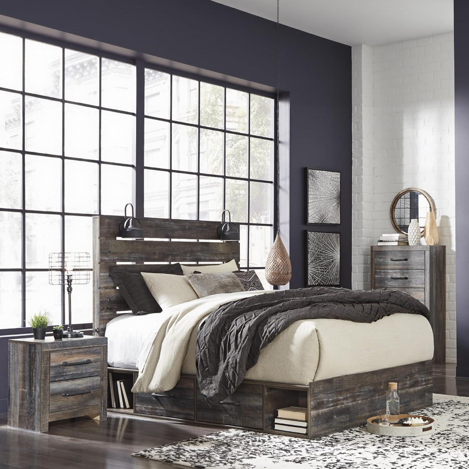 imageSignature Design by Ashley Drystan Rustic Full Bookcase Bed with 2 Storage Drawers and LED Light Foundation or Box Spring Needed Dark Brown amp GrayKing