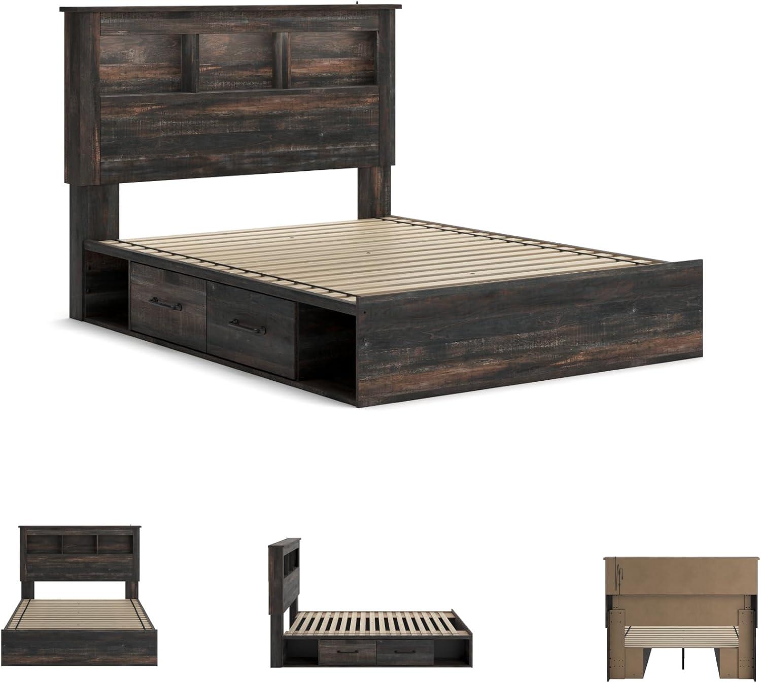 imageSignature Design by Ashley Drystan Rustic Full Bookcase Bed with 2 Storage Drawers and LED Light Foundation or Box Spring Needed Dark Brown amp GrayQueen