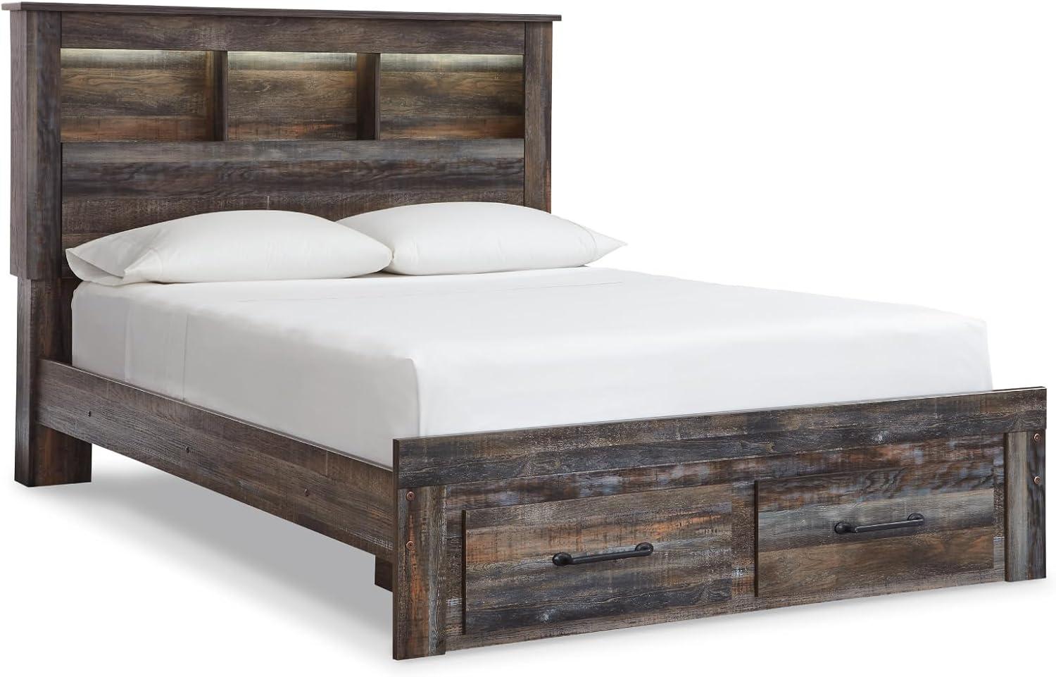 imageSignature Design by Ashley Drystan Rustic Full Bookcase Bed with 2 Storage Drawers and LED Light Foundation or Box Spring Needed Dark Brown amp GrayQueen