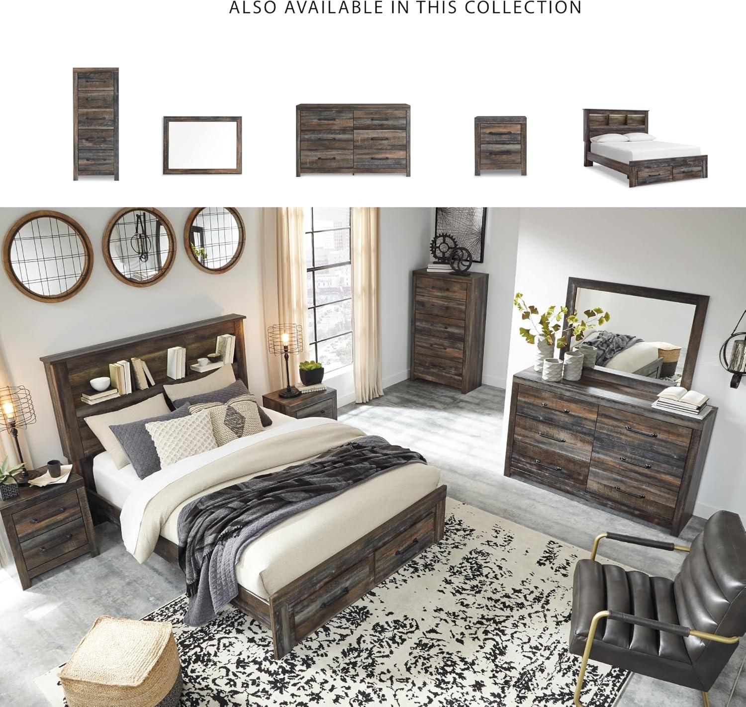imageSignature Design by Ashley Drystan Rustic Full Bookcase Bed with 2 Storage Drawers and LED Light Foundation or Box Spring Needed Dark Brown amp GrayQueen