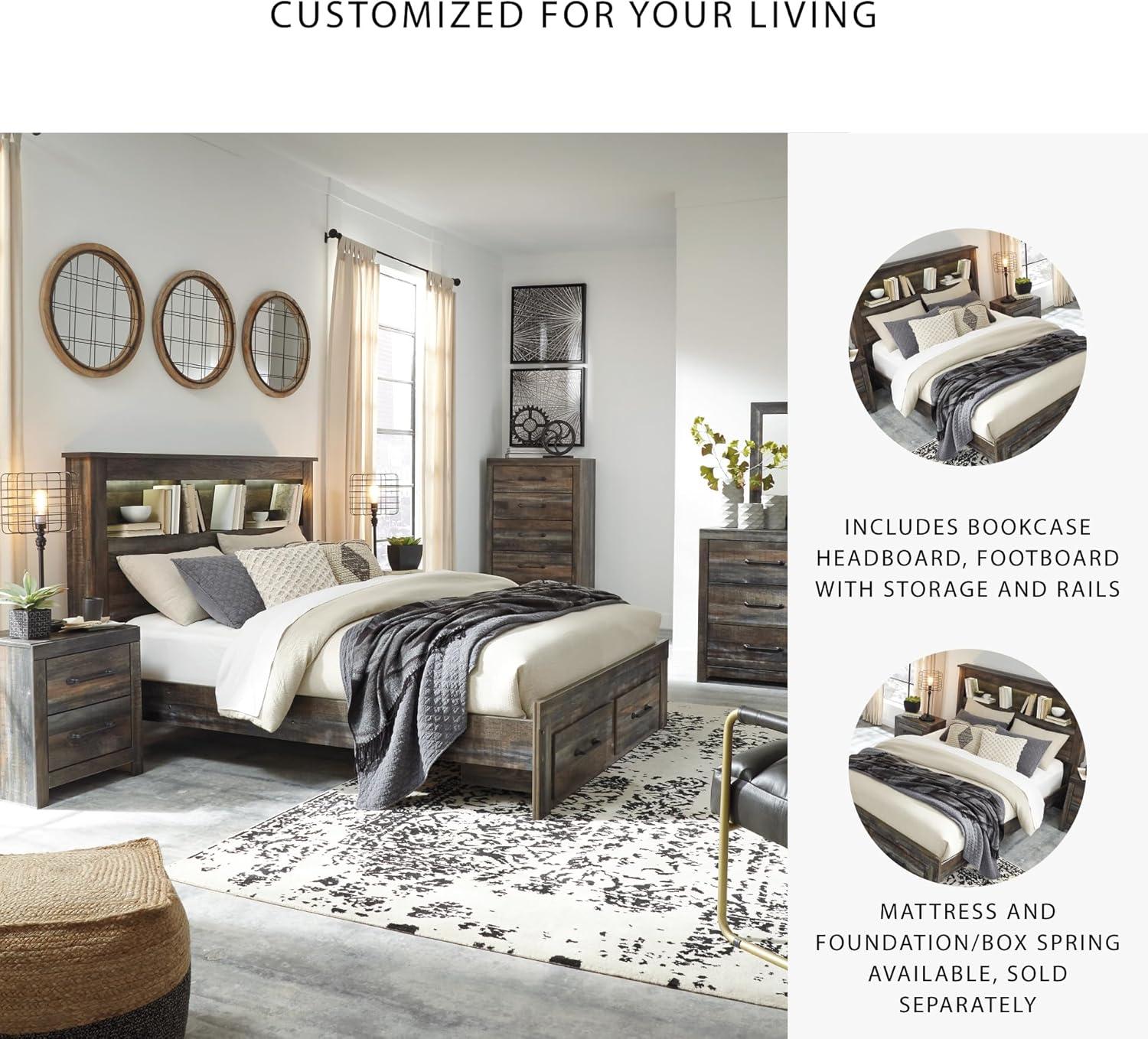 imageSignature Design by Ashley Drystan Rustic Full Bookcase Bed with 2 Storage Drawers and LED Light Foundation or Box Spring Needed Dark Brown amp GrayQueen