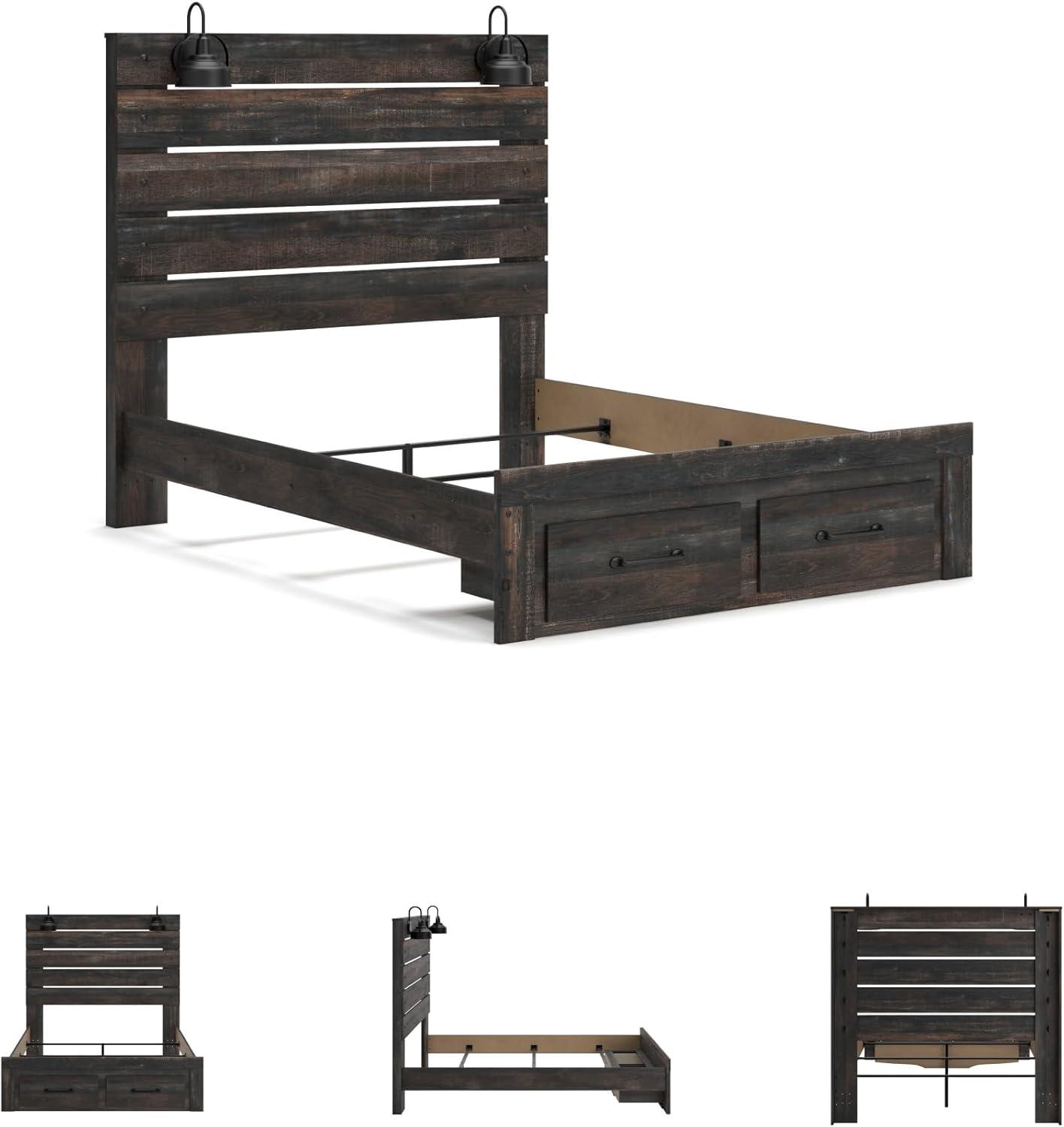 imageSignature Design by Ashley Drystan Rustic Full Bookcase Bed with 2 Storage Drawers and LED Light Foundation or Box Spring Needed Dark Brown amp GrayQueen