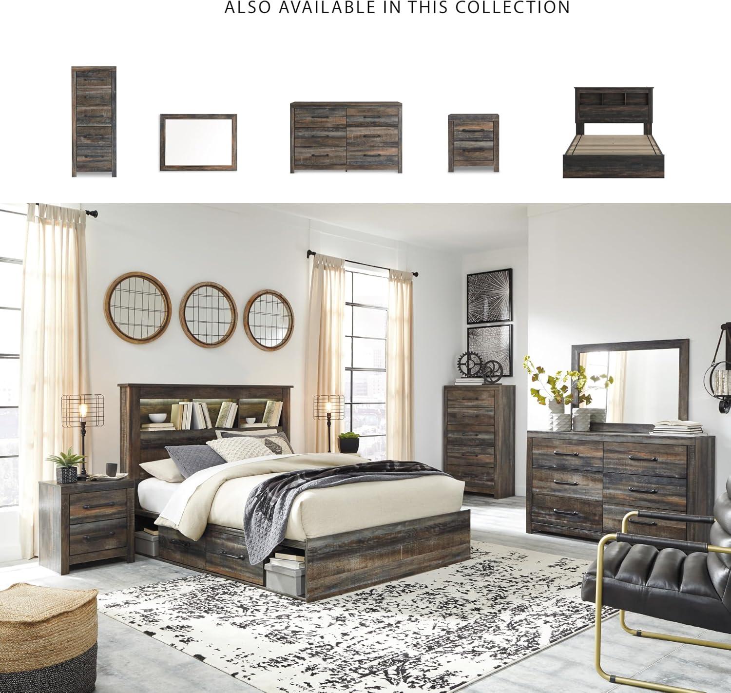 imageSignature Design by Ashley Drystan Rustic Full Bookcase Bed with 2 Storage Drawers and LED Light Foundation or Box Spring Needed Dark Brown amp GrayQueen