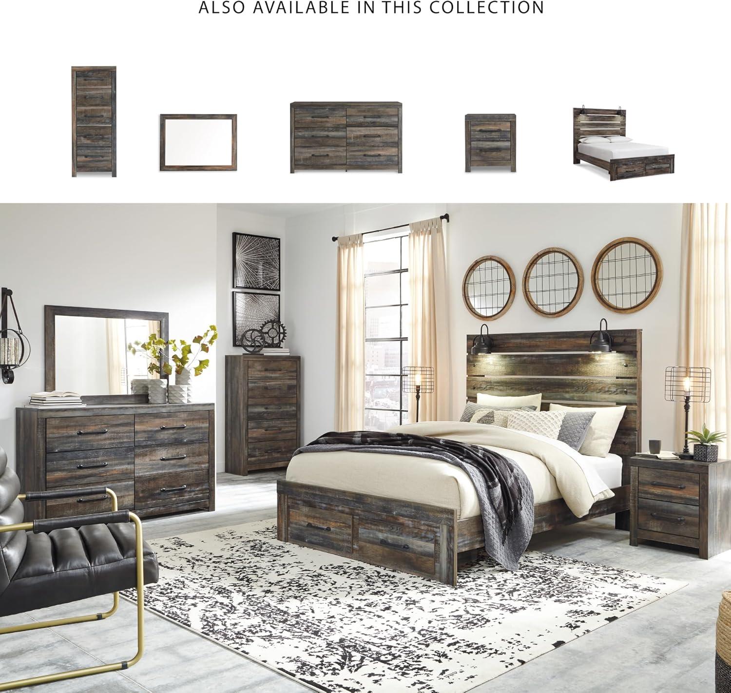 imageSignature Design by Ashley Drystan Rustic Full Bookcase Bed with 2 Storage Drawers and LED Light Foundation or Box Spring Needed Dark Brown amp GrayQueen