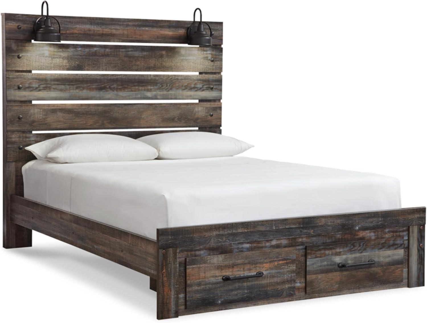 imageSignature Design by Ashley Drystan Rustic Full Bookcase Bed with 2 Storage Drawers and LED Light Foundation or Box Spring Needed Dark Brown amp GrayQueen