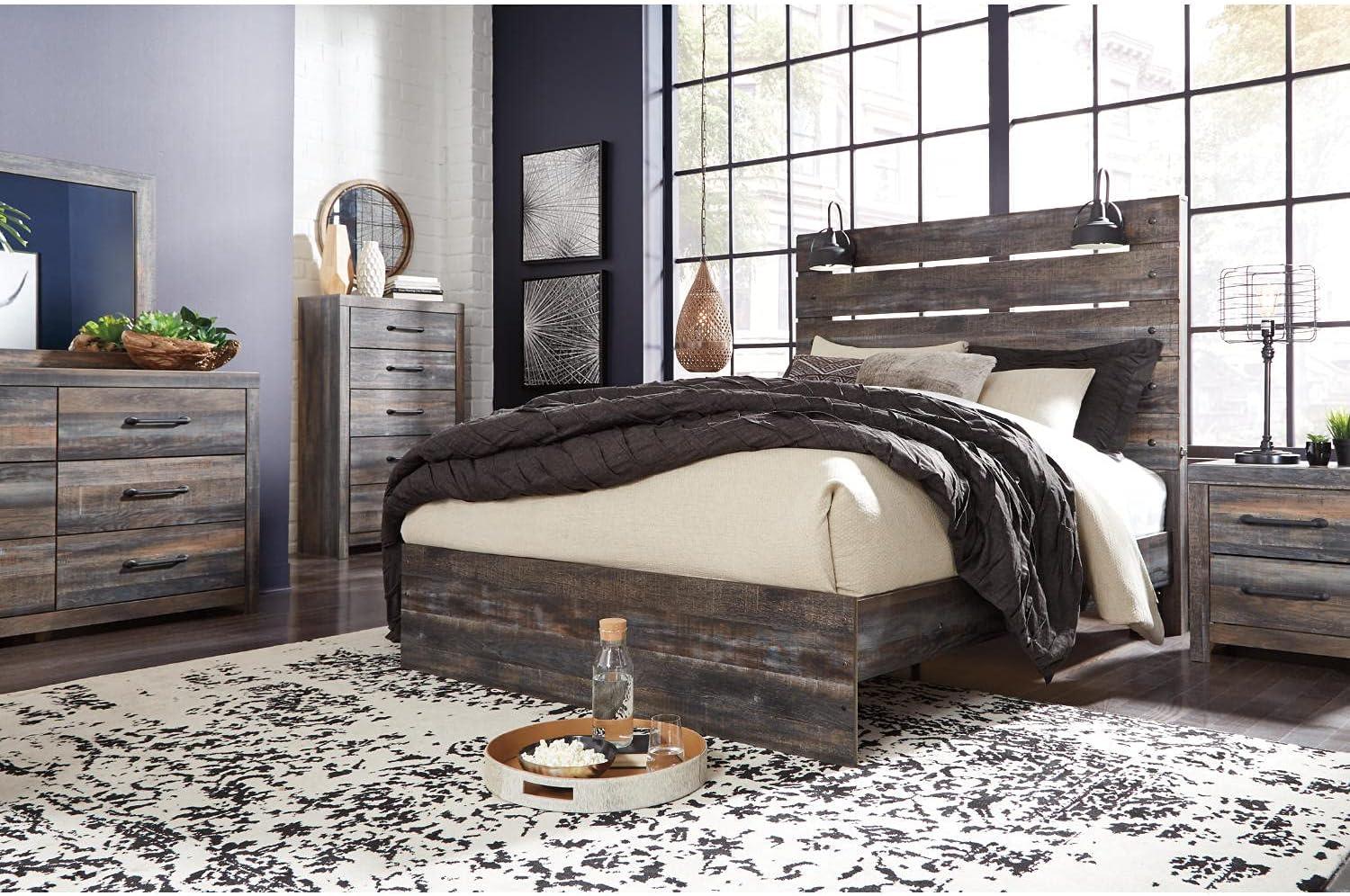 imageSignature Design by Ashley Drystan Rustic Full Bookcase Bed with 2 Storage Drawers and LED Light Foundation or Box Spring Needed Dark Brown amp GrayQueen