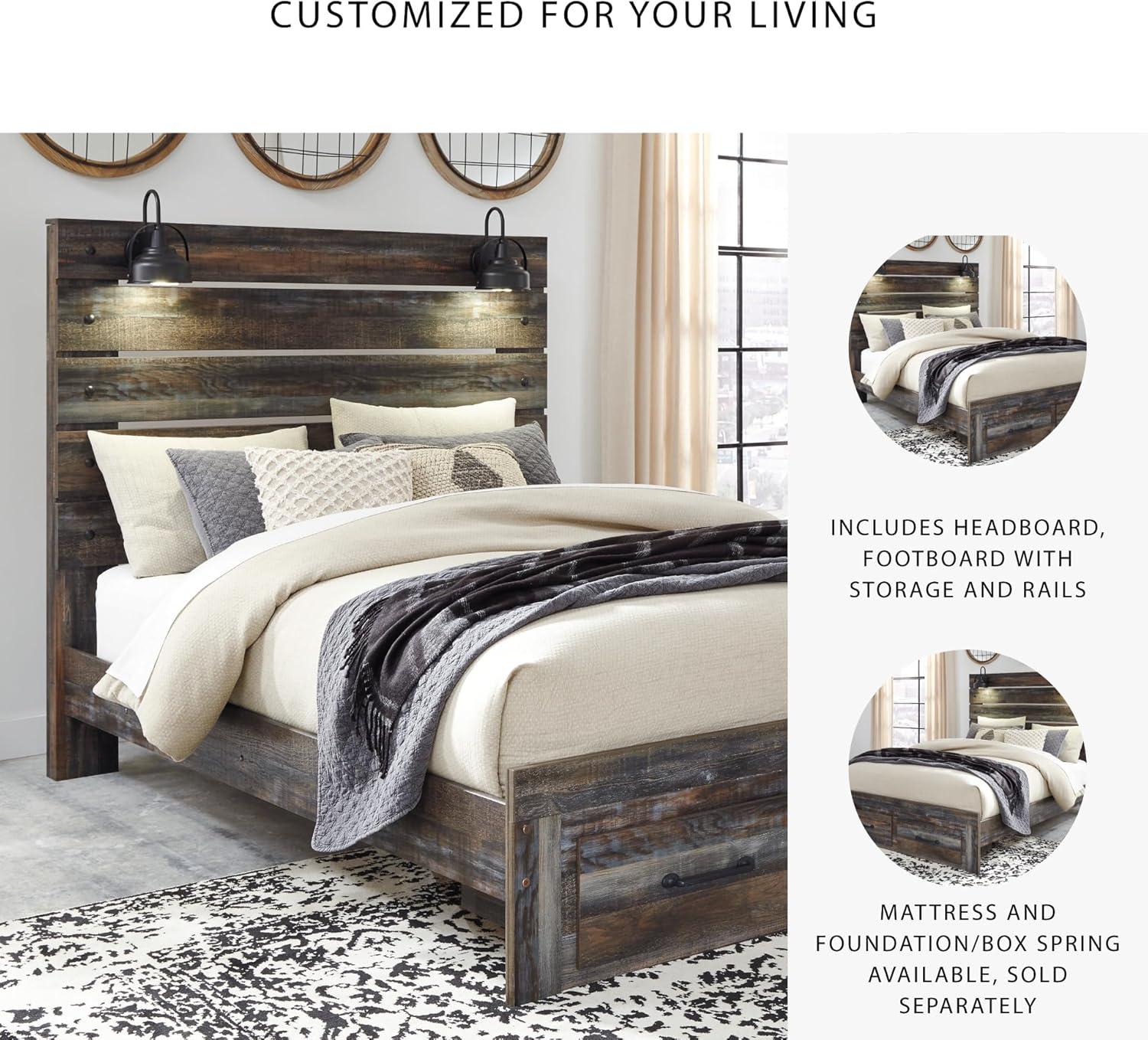 imageSignature Design by Ashley Drystan Rustic Full Bookcase Bed with 2 Storage Drawers and LED Light Foundation or Box Spring Needed Dark Brown amp GrayQueen