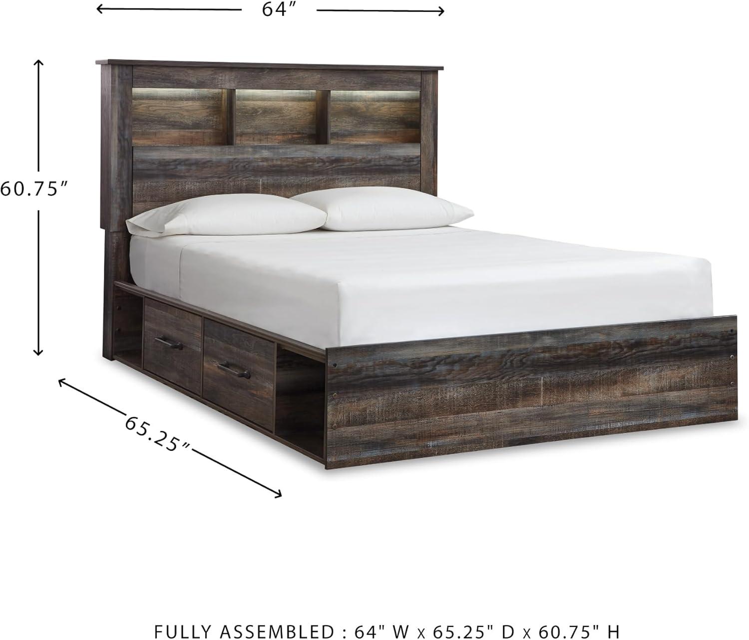 imageSignature Design by Ashley Drystan Rustic Full Bookcase Bed with 2 Storage Drawers and LED Light Foundation or Box Spring Needed Dark Brown amp GrayQueen