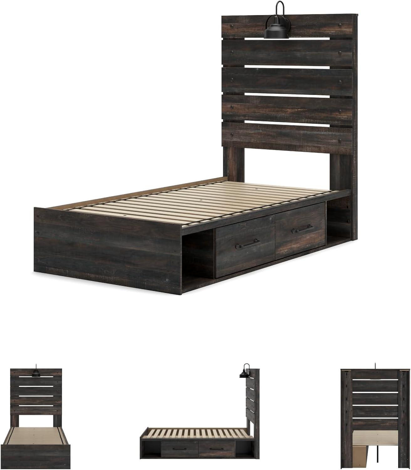imageSignature Design by Ashley Drystan Rustic Full Bookcase Bed with 2 Storage Drawers and LED Light Foundation or Box Spring Needed Dark Brown amp GrayTwin