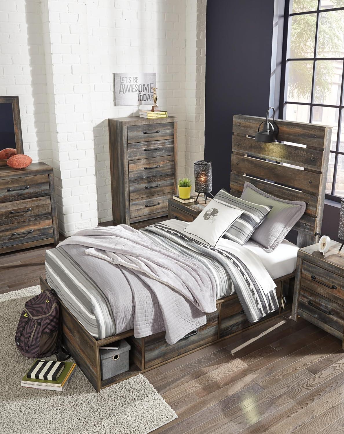imageSignature Design by Ashley Drystan Rustic Full Bookcase Bed with 2 Storage Drawers and LED Light Foundation or Box Spring Needed Dark Brown amp GrayTwin