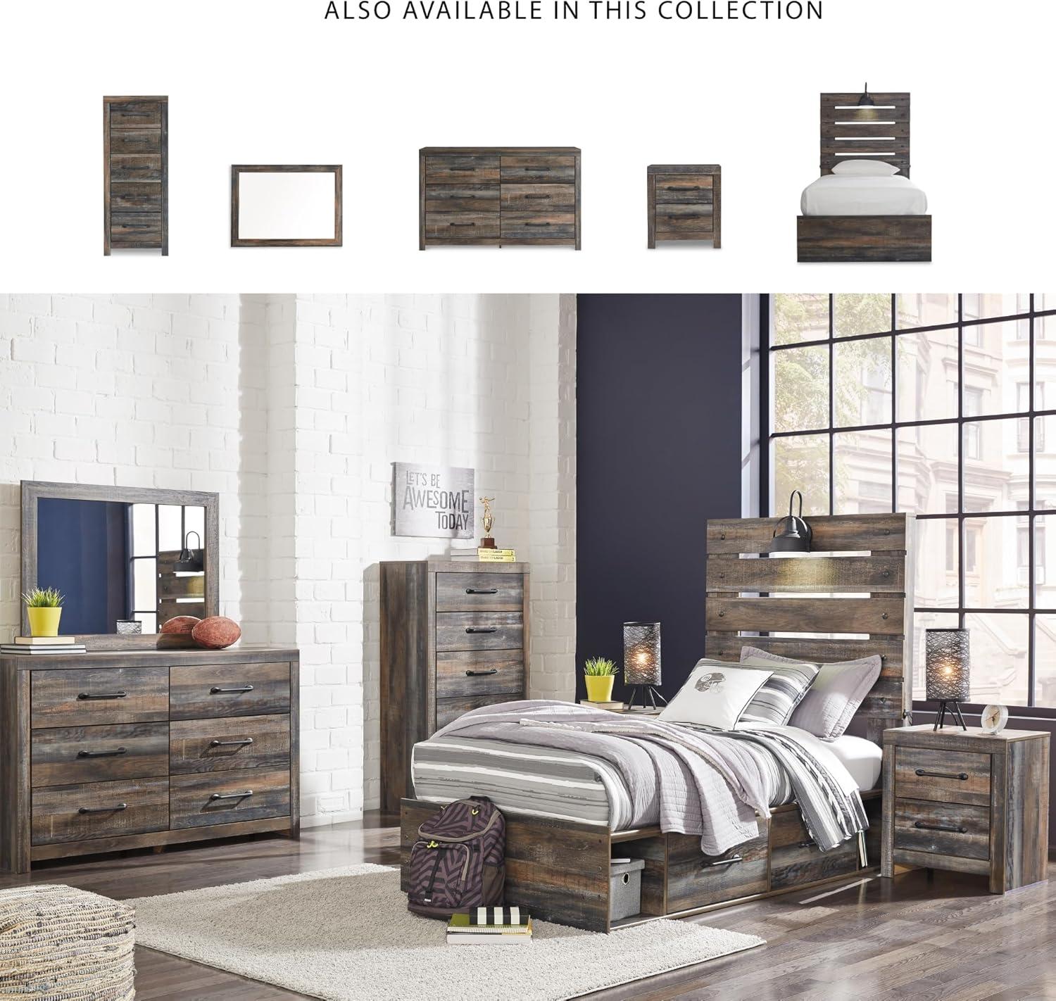 imageSignature Design by Ashley Drystan Rustic Full Bookcase Bed with 2 Storage Drawers and LED Light Foundation or Box Spring Needed Dark Brown amp GrayTwin