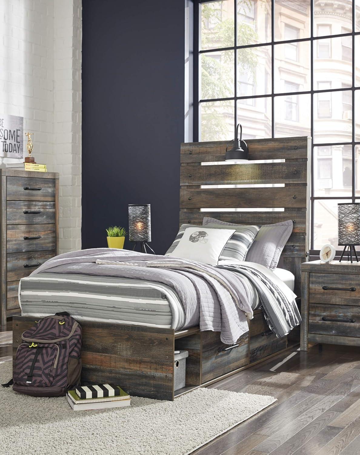 imageSignature Design by Ashley Drystan Rustic Full Bookcase Bed with 2 Storage Drawers and LED Light Foundation or Box Spring Needed Dark Brown amp GrayTwin